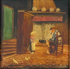 Old Dutch Interior Child and a Man with Chickens and Delft Tiles and Hearth