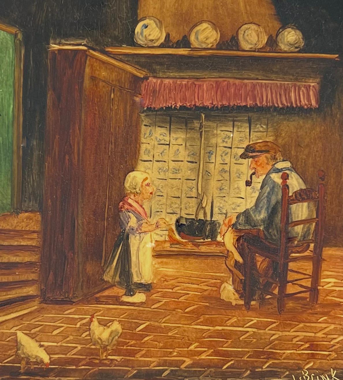 Altniederländisches Interieur Kind und ein Mann mit Hühnern und Delfter Kacheln und Herd (Volkskunst), Painting, von JAN VAN DEN BRINK