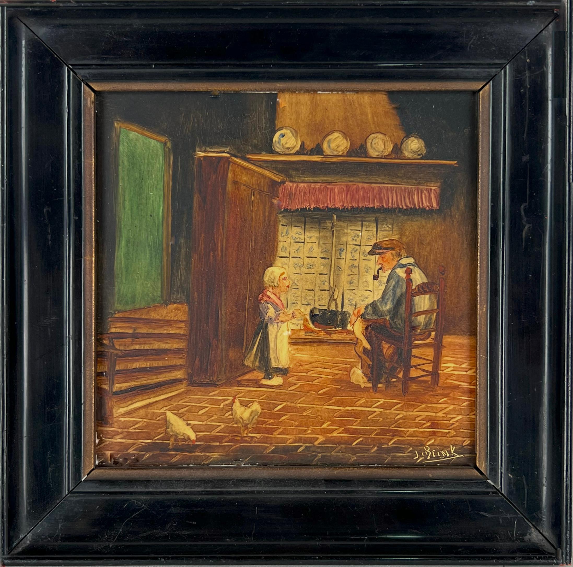 Old Dutch Interior Child and a Man with Chickens and Delft Tiles and Hearth