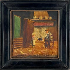 Old Dutch Interior Child and a Man with Chickens and Delft Tiles and Hearth