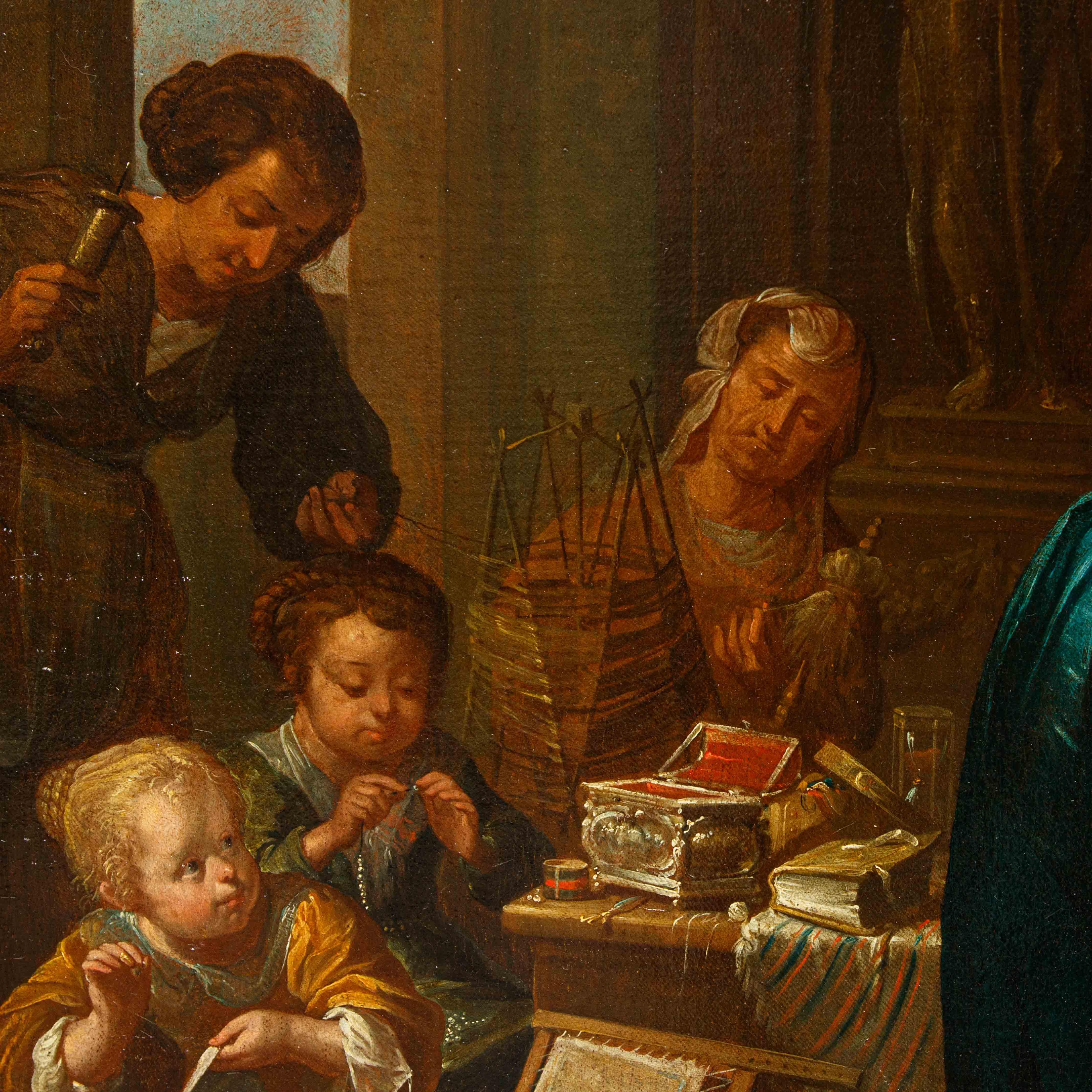 Monogrammista I.H., identificabile con Jan van den Hecke (Kwaremont, 1620 – Anversa, 1684) 

Sesto Tarquinio sorprende Lucrezia al lavoro

Olio su tela, 66 x 100 cm

Con cornice, cm 79 x 112

Firmato sulla panca in basso a sinistra “I.H. f /
