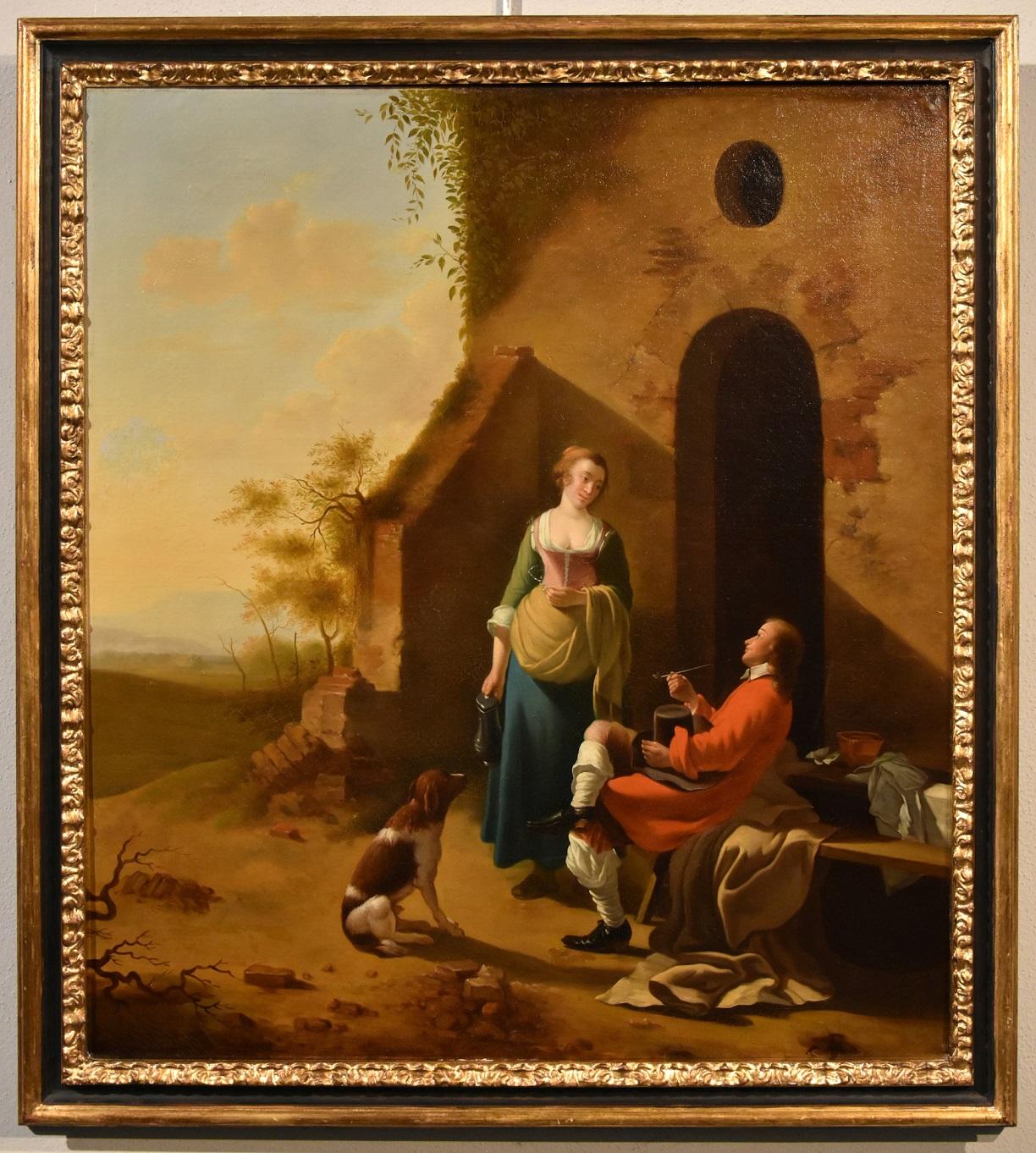 Landscape Painting di Jan van der Meer, called Vermeer d'Utrecht (Schoonhoven, verses 1630 - 1692) - Scena di Galante Vermeer d'Utrecht Olio su tela 18° secolo Arte antica fiamminga