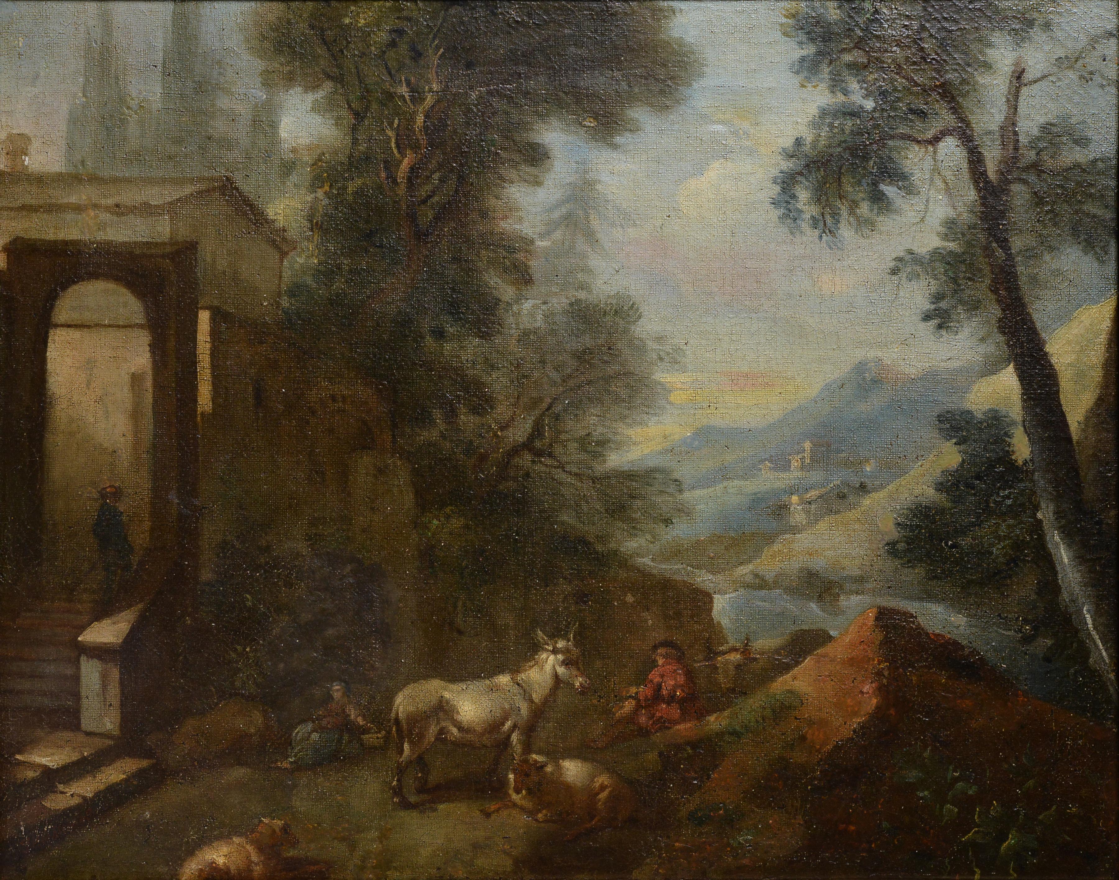 Attributed to Dutch artist, youngest Jan Van der Meer (1656-1705) or his circle. Pastoral scene with little livestock and figures of reclining shepherds by town walls, castle or cathedral in background, distant houses and hazed valley -  It is a