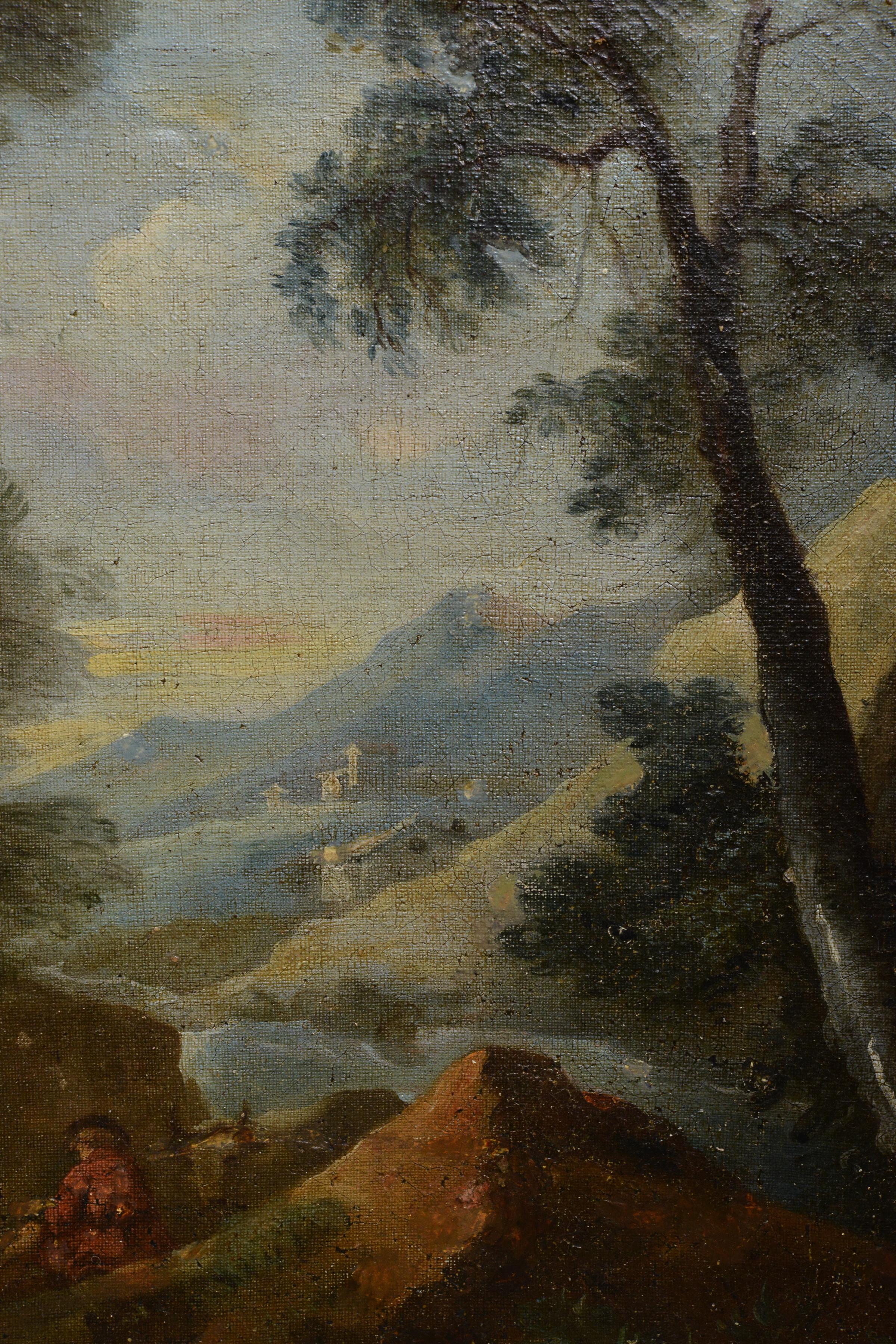 Bergers et bétail dans un paysage de Capriccio 17e siècle Peinture à l'huile de maître ancienne  - Marron Figurative Painting par Jan Van der Meer 