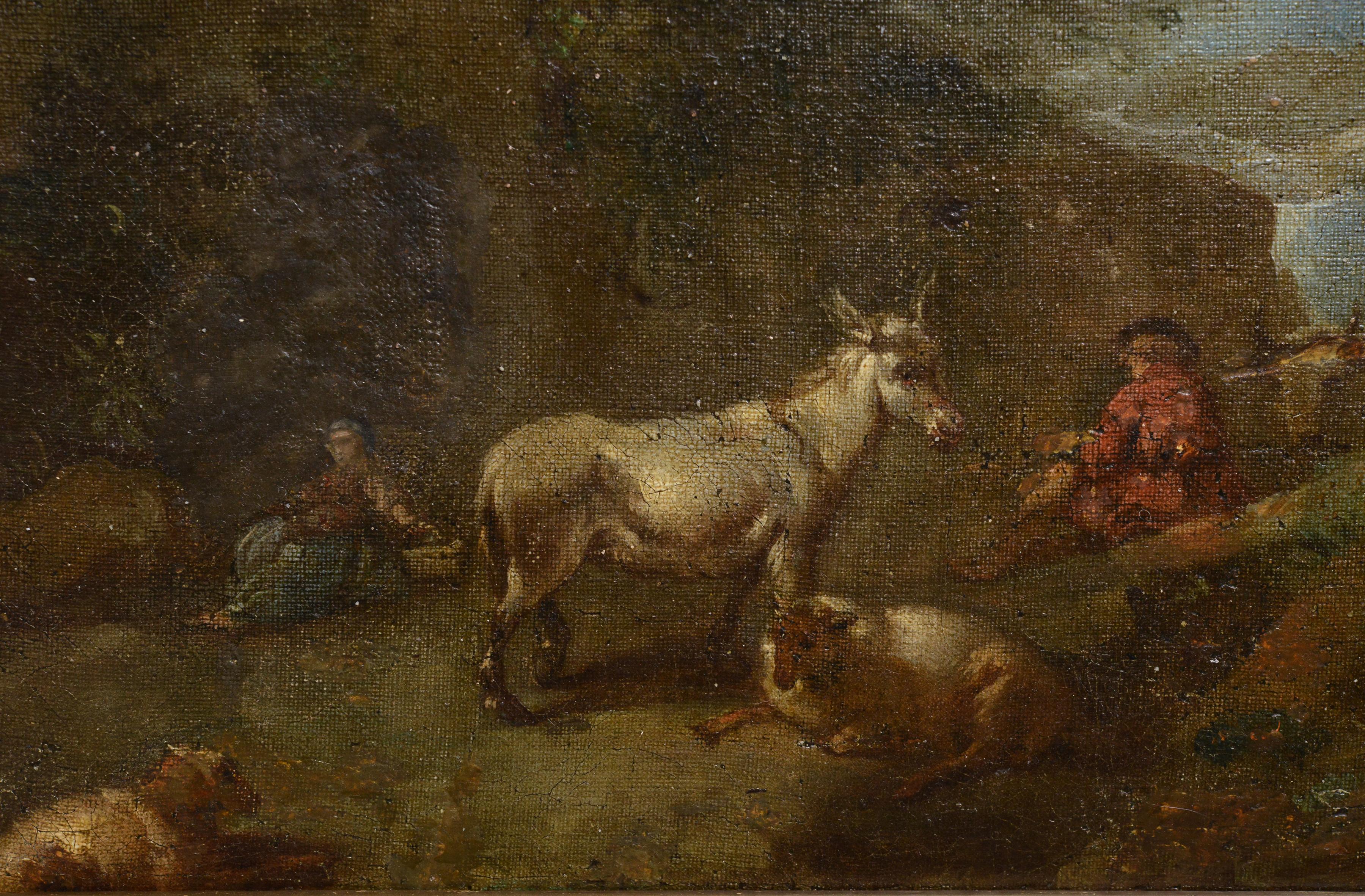 Attribué à l'artiste néerlandais le plus jeune Jan Van der Meer (1656-1705) ou à son entourage. Scène pastorale avec du petit bétail et des figures de bergers couchés près des murs de la ville, château ou cathédrale en arrière-plan, maisons