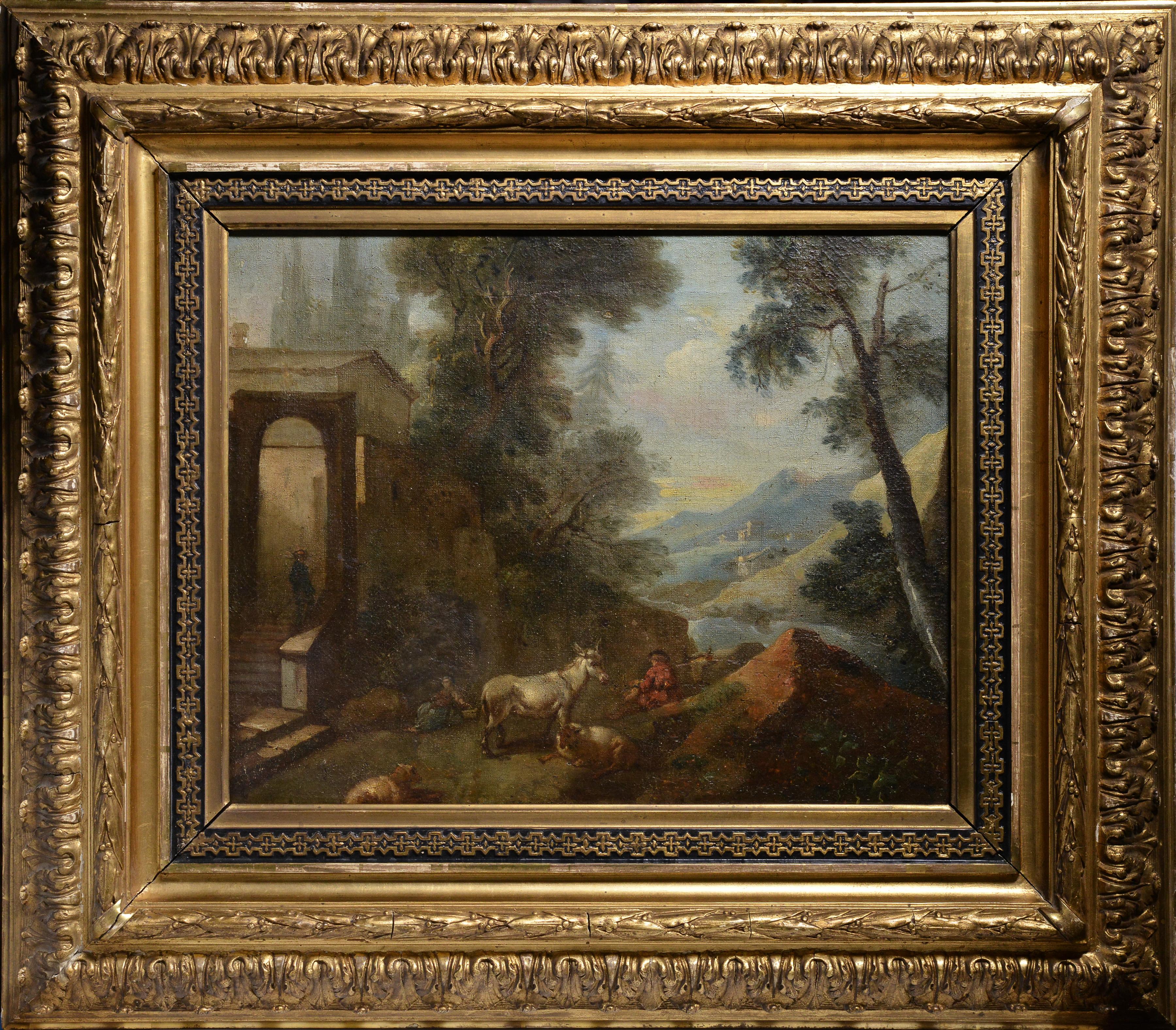 Bergers et bétail dans un paysage de Capriccio 17e siècle Peinture à l'huile de maître ancienne 
