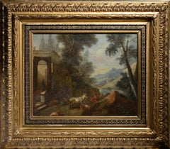 Pastori e bovini in un paesaggio di Capriccio Pittura ad olio antica del XVII secolo