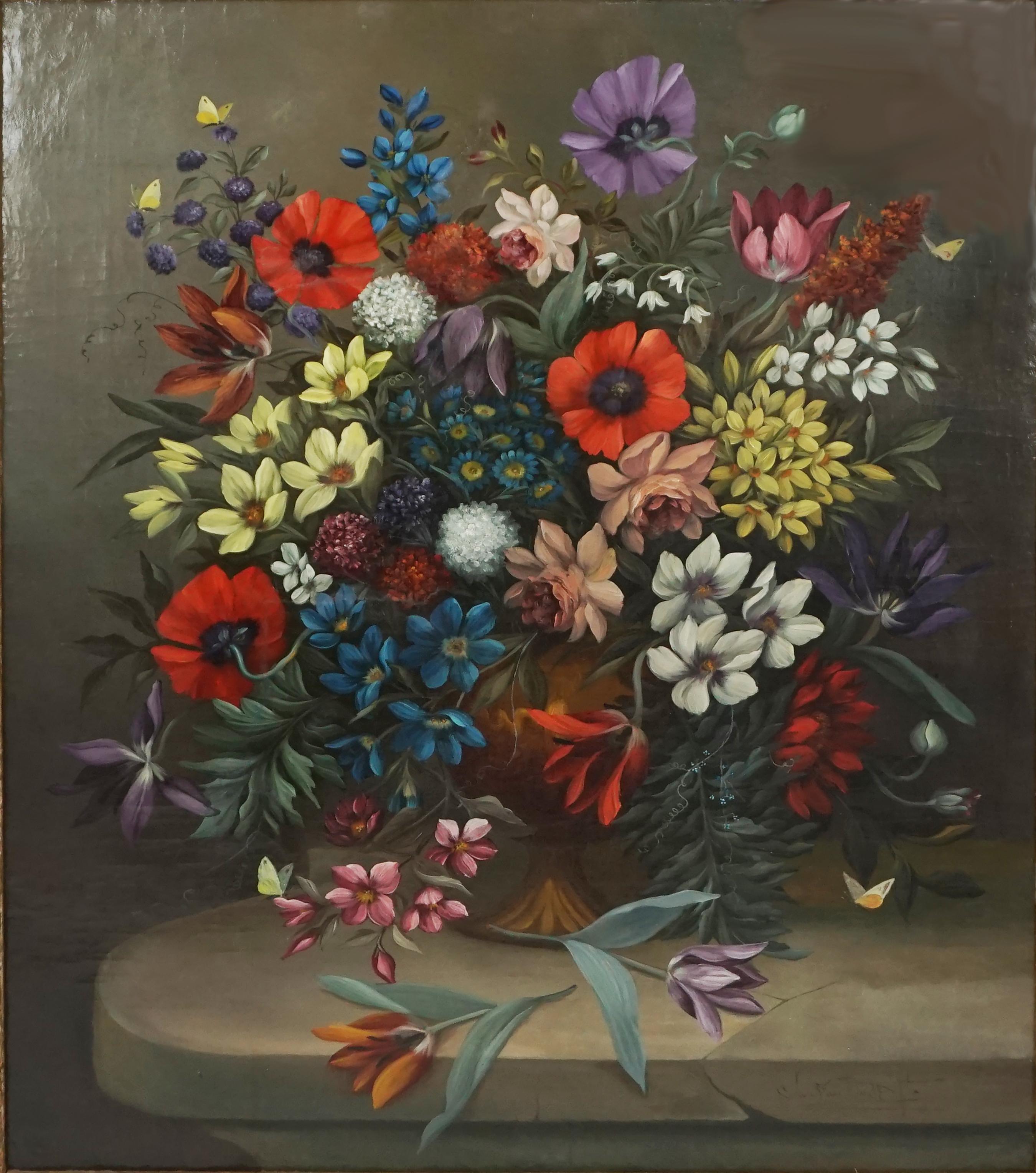 Antique Dutch Floral Still Life with Tulips, Poppies and Butterflies - Painting by Jan Van Doust