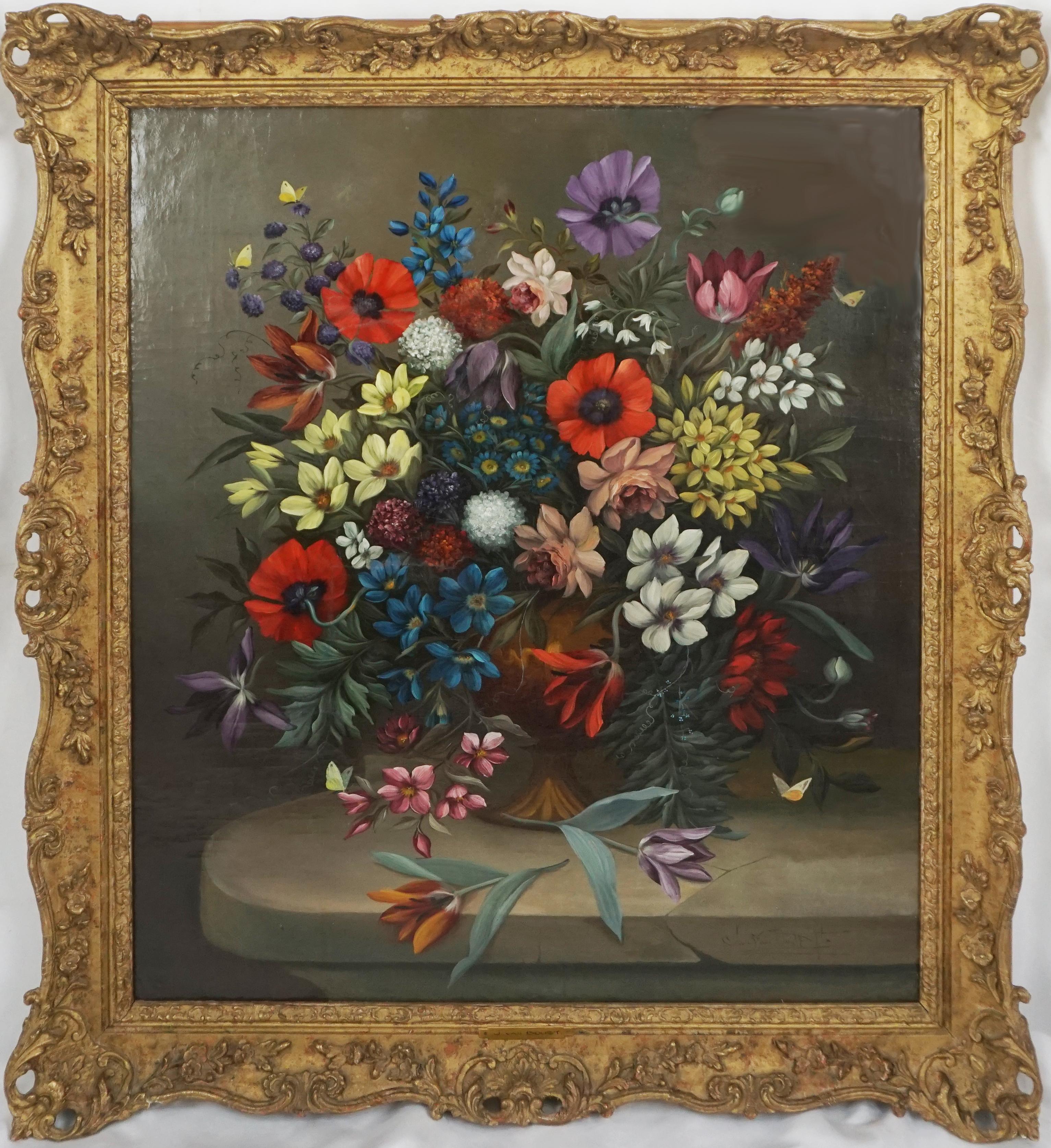 Jan Van Doust Interior Painting - Antique Dutch Floral Still Life with Tulips, Poppies and Butterflies