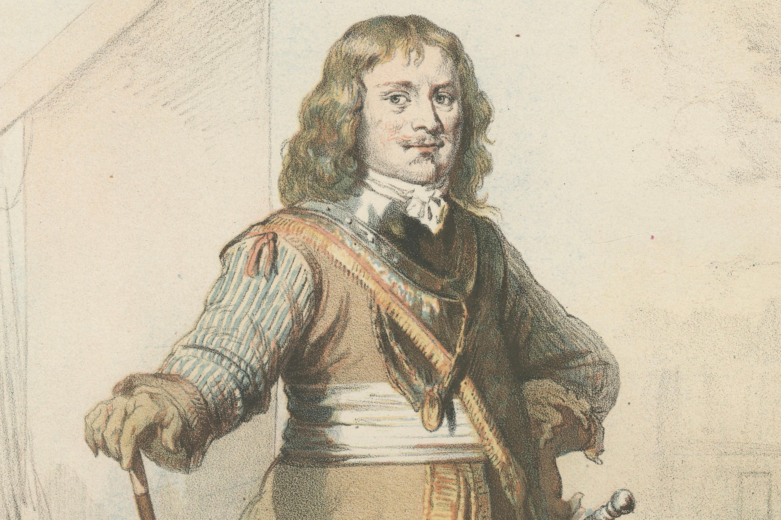 Milieu du XIXe siècle Jan van Galen - Amiral hollandais héroïque, lithographie coloriée à la main du XIXe siècle en vente