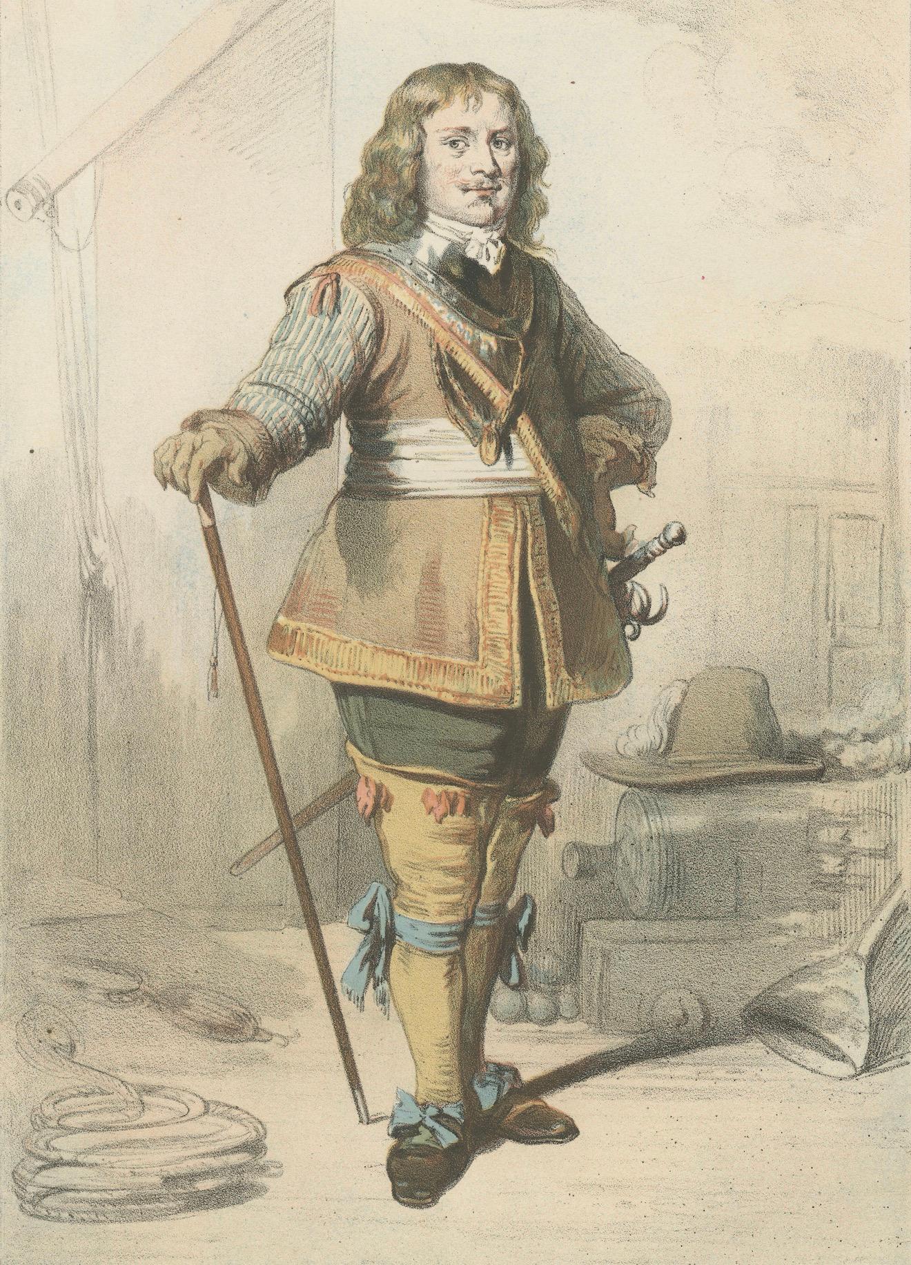 Papier Jan van Galen - Amiral hollandais héroïque, lithographie coloriée à la main du XIXe siècle en vente