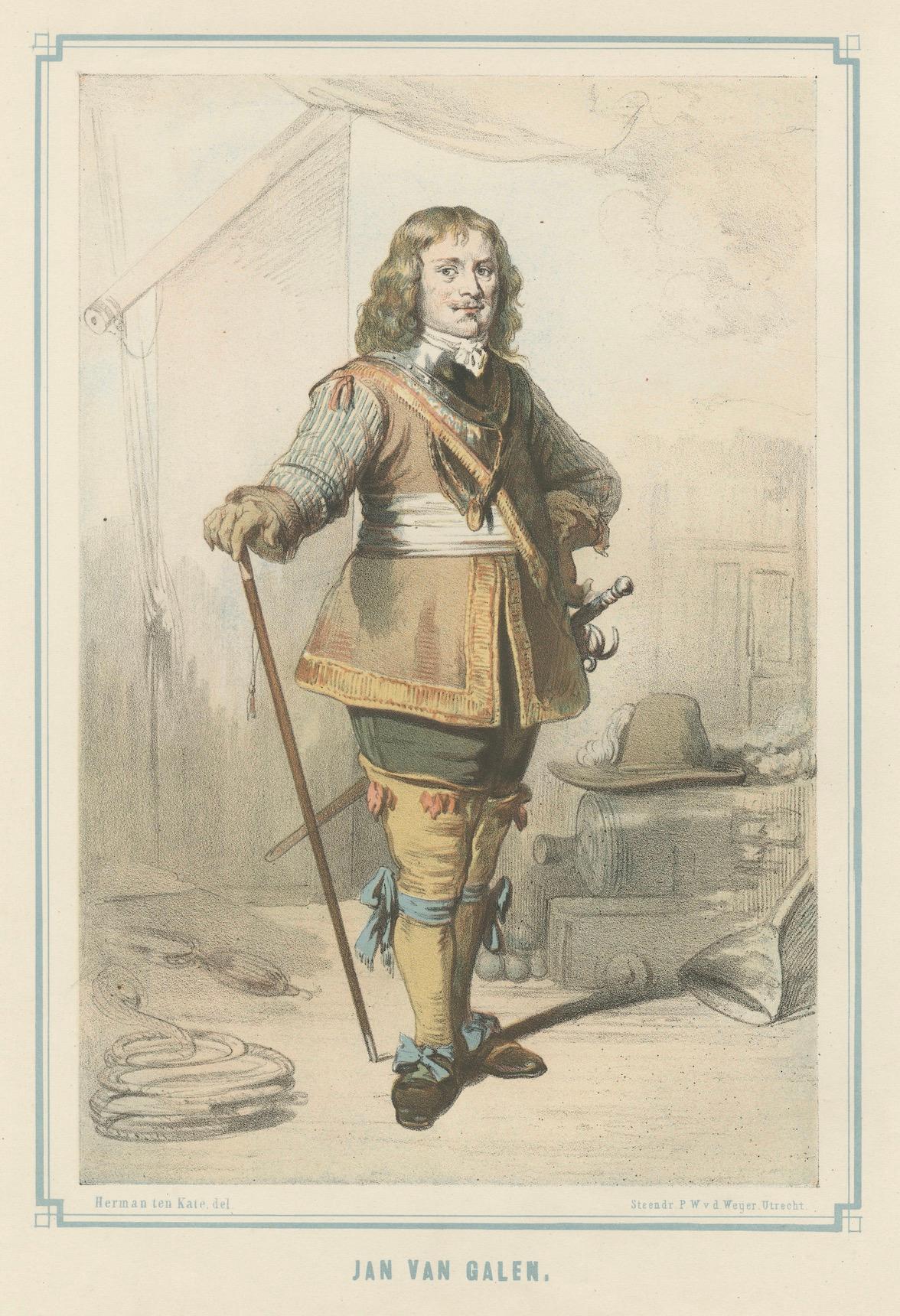 Jan van Galen - Amiral hollandais héroïque, lithographie coloriée à la main du XIXe siècle en vente 1