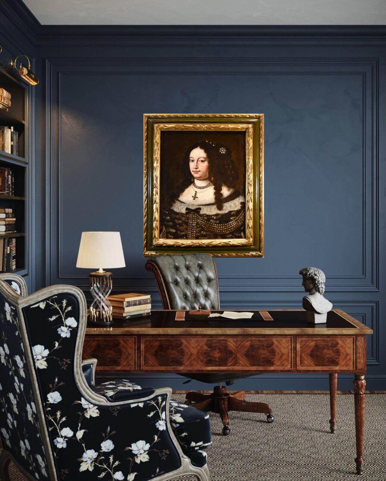 Jan van Gelder, italienisiert als Giovanni Vangheldri (Antwerpen 1621 - Modena 1685) 

Porträt der Herzogin Vittoria Farnese d'Este (Parma, 1618 - Modena, 1649), Ehefrau von Francesco I d'Este, Herzog von Modena und Reggio  

Öl auf Leinwand 72 x 55