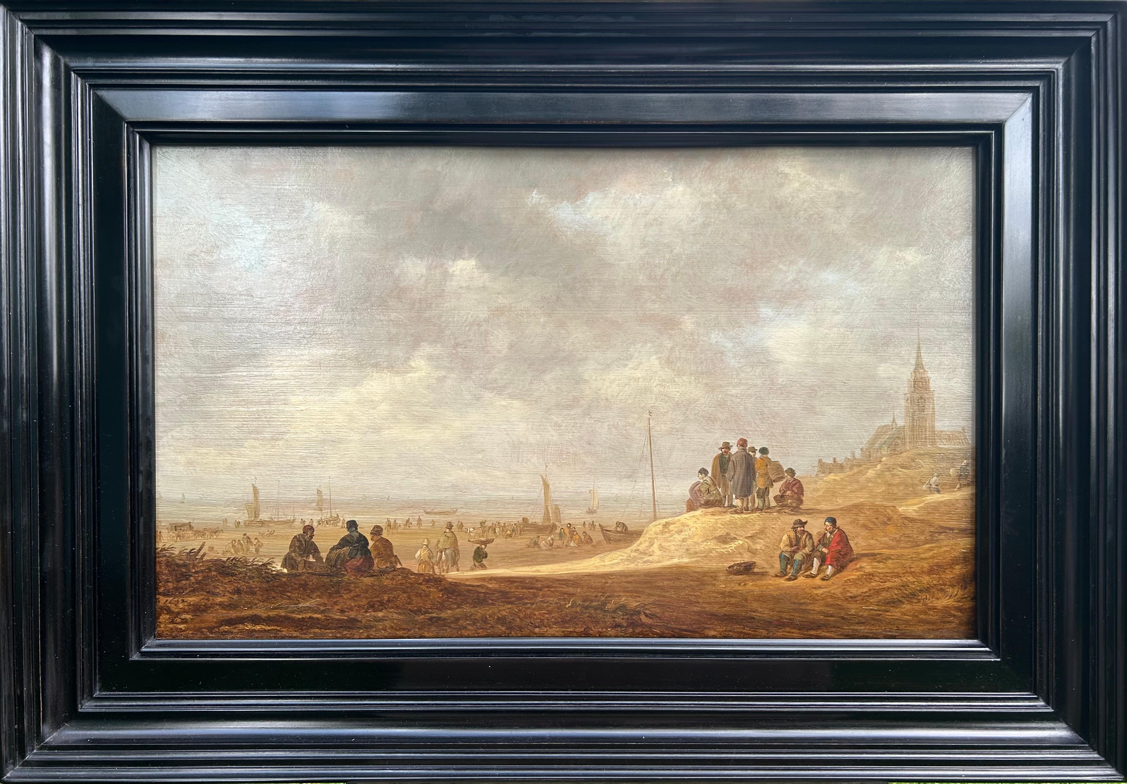 Jan van Goyen
Figures on the Beach at Scheveningen
1596-1656
Oil on panel, monogrammed and dated '1642' lower left
Image size: 13 x 21 3/4 inches (33 x 55.5 cm)
Ebonised Dutch frame

Provenance
Private collection
Sotheby's, October 27 1989, lot