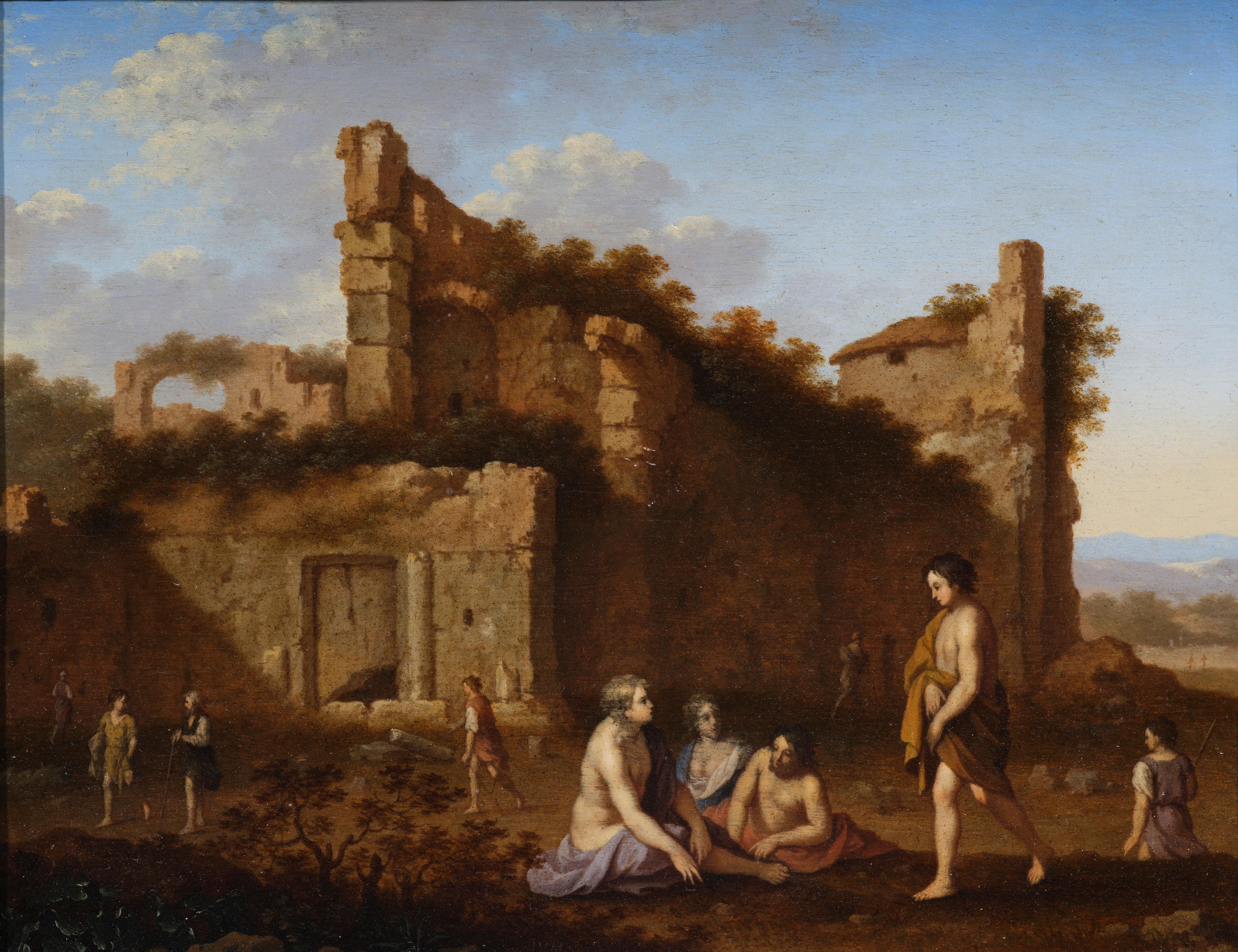 Raduno nelle antiche rovine, un dipinto monogramma di Jan van HaensBERGEN - Painting di JAN VAN HAENSBERGEN