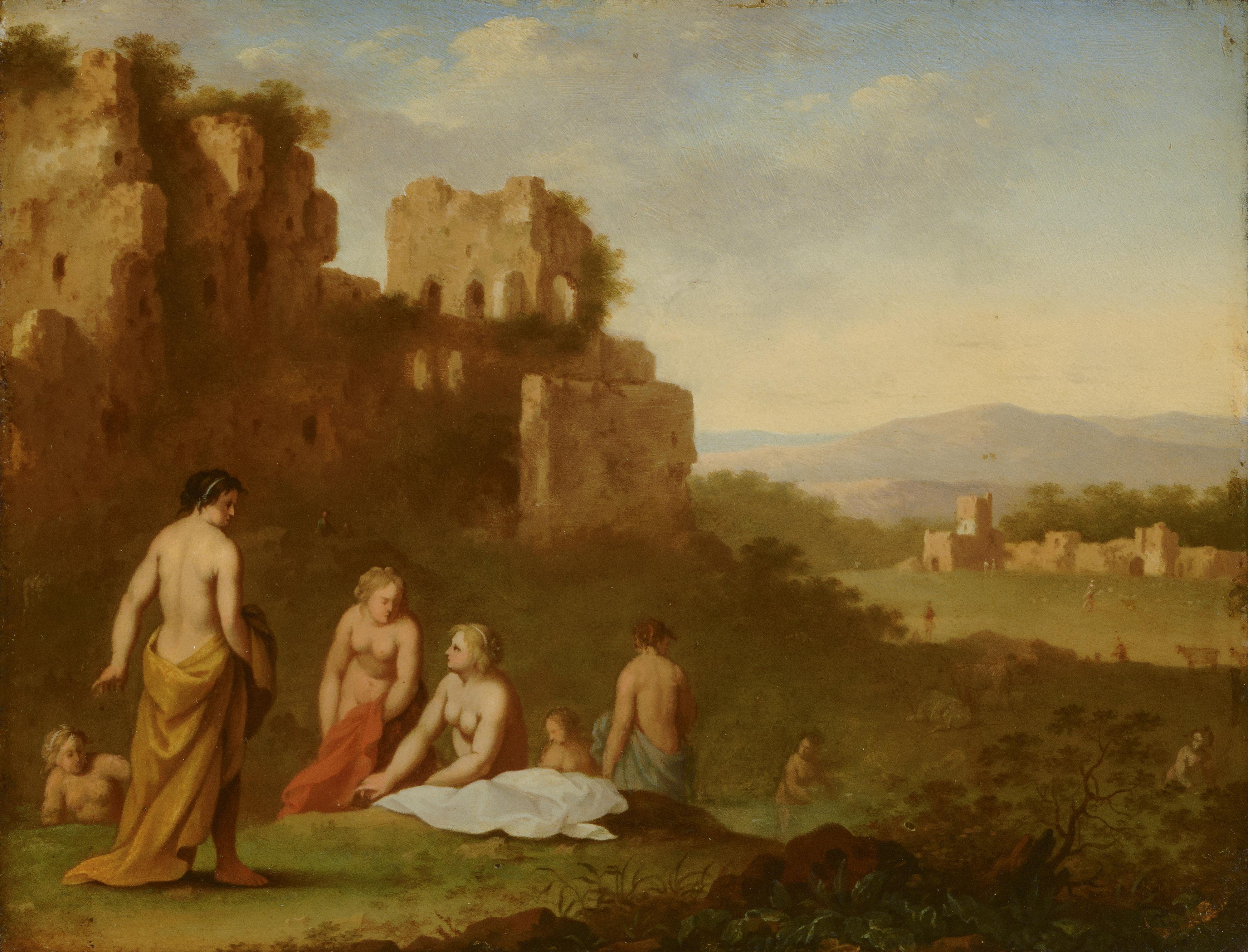 Raduno nelle antiche rovine, un dipinto monogramma di Jan van HaensBERGEN in vendita 1