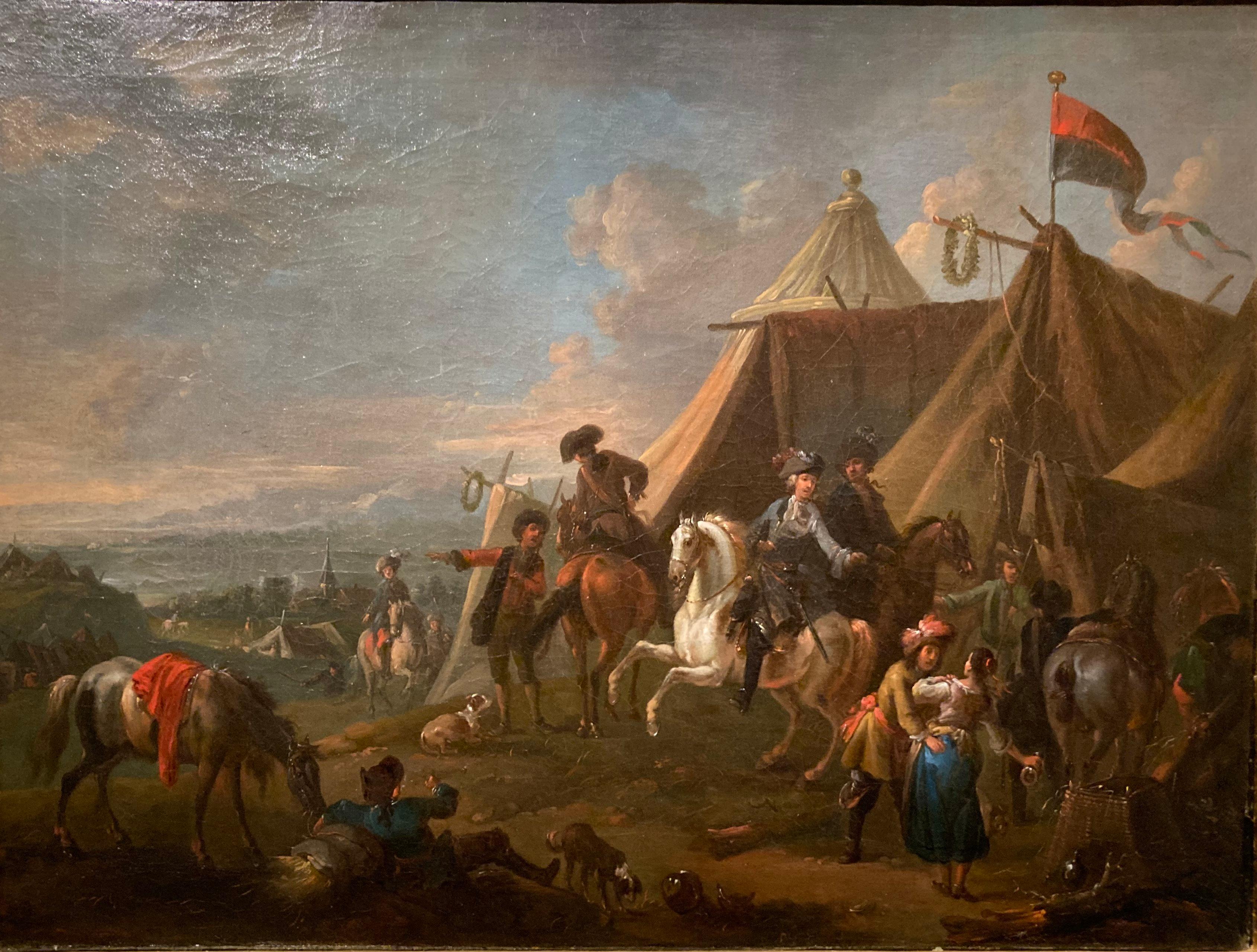 Peinture de maîtres anciens, Camp des soldats, Cercle Van Huchtenburg - Marron Landscape Painting par Jan van Huchtenburg