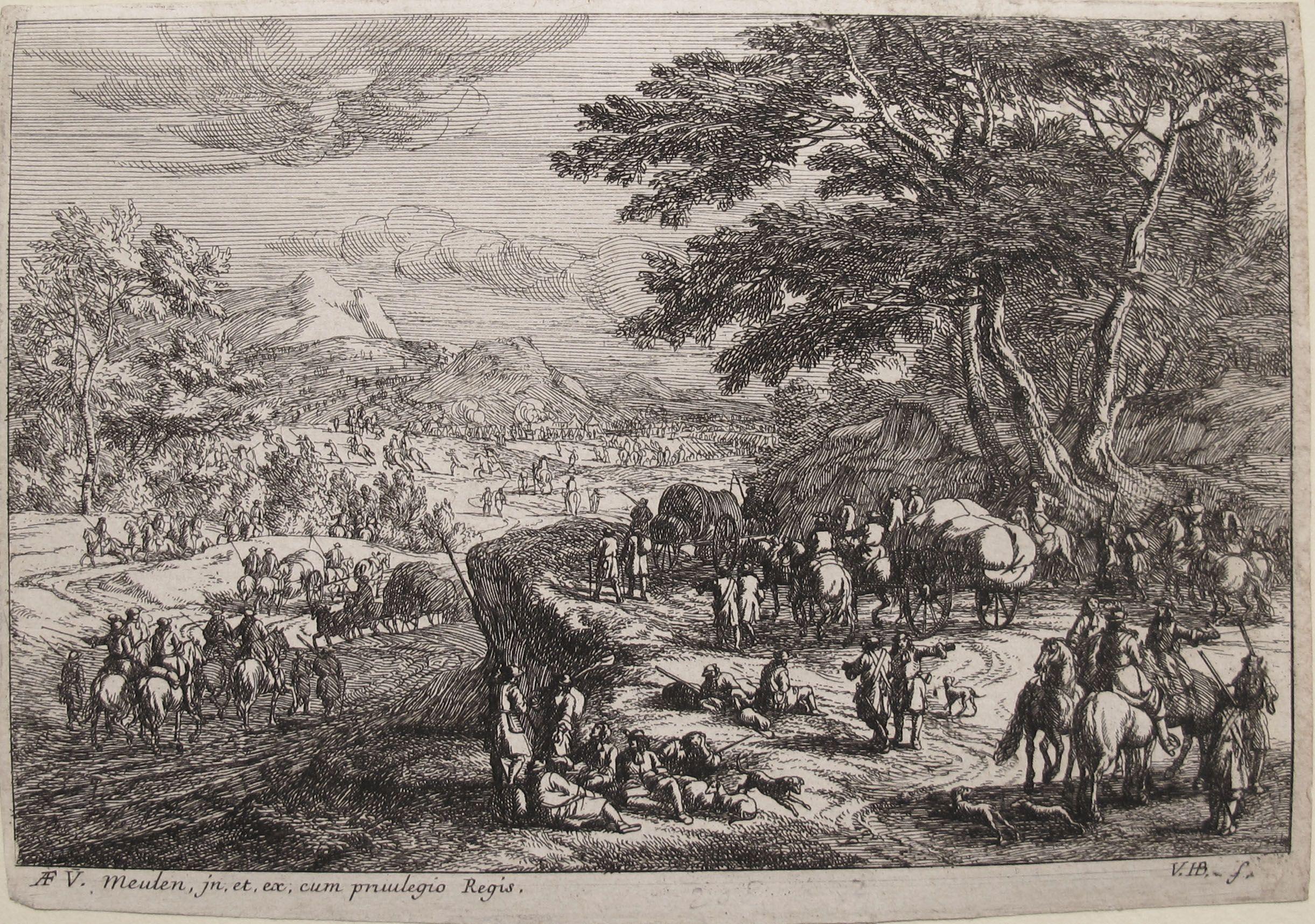 Jan van Huchtenburg Landscape Print - Landscape with Marching Soldiers