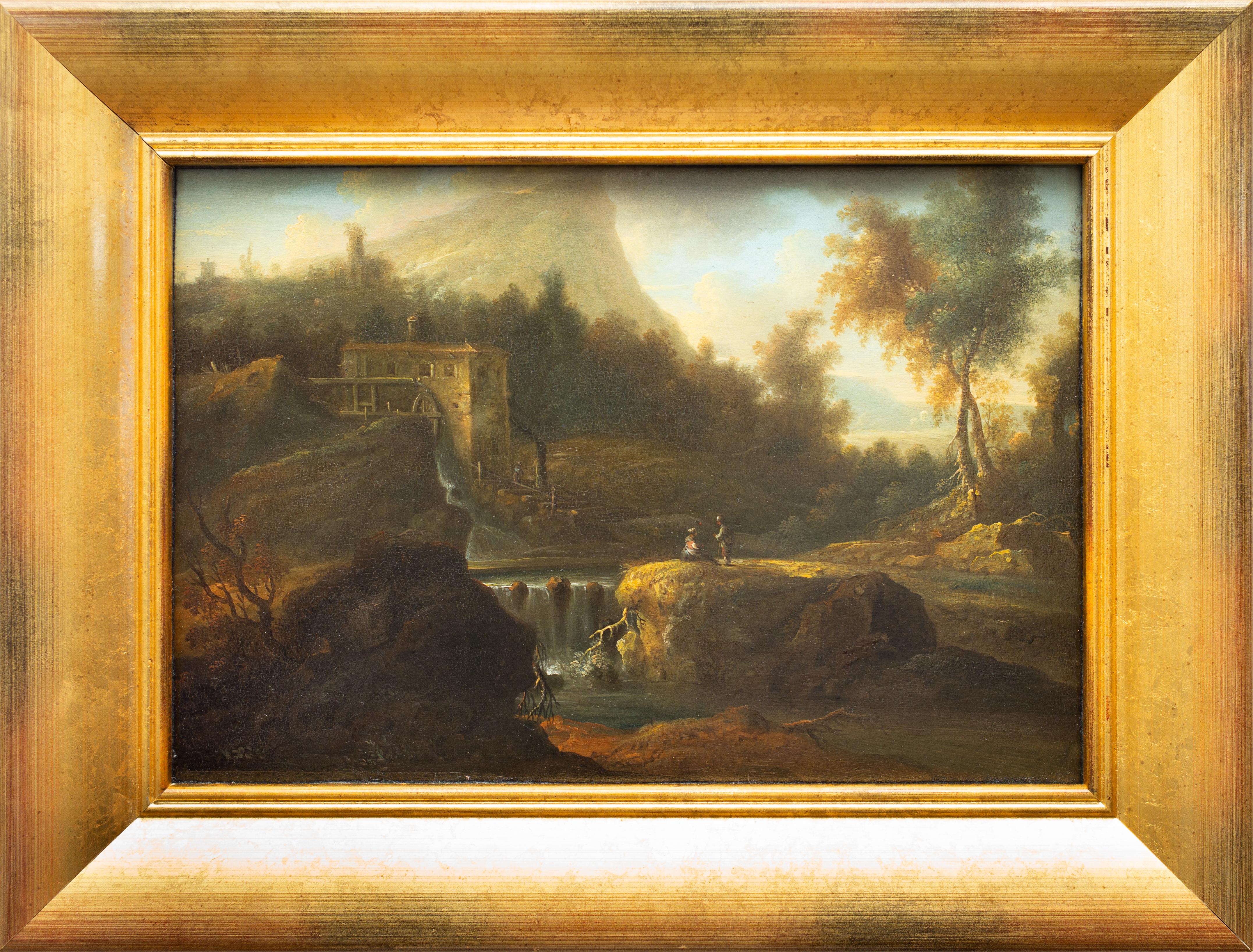 Italian Landscape With Figures at a Waterfall by a Follower of Jan van Huysum - Painting by Jan Van Huysum