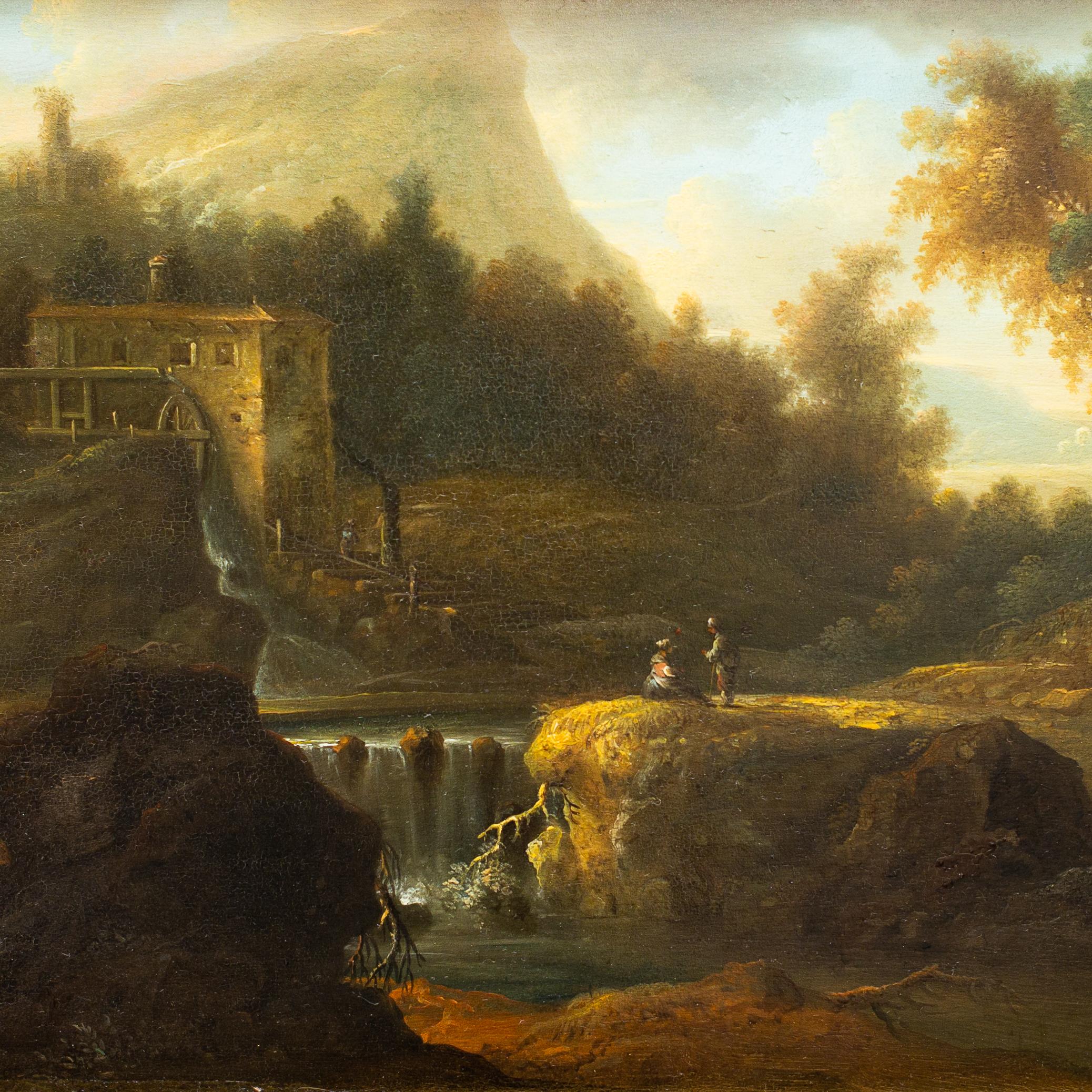 In diesem Gemälde aus dem 18. Jahrhundert, das eine italienische Landschaft darstellt, gibt es so viele Details, dass man sich in sie verlieben kann, zum Beispiel die zart gemalten Figuren, die sich unterhalten, der Wasserfall in der Mitte der