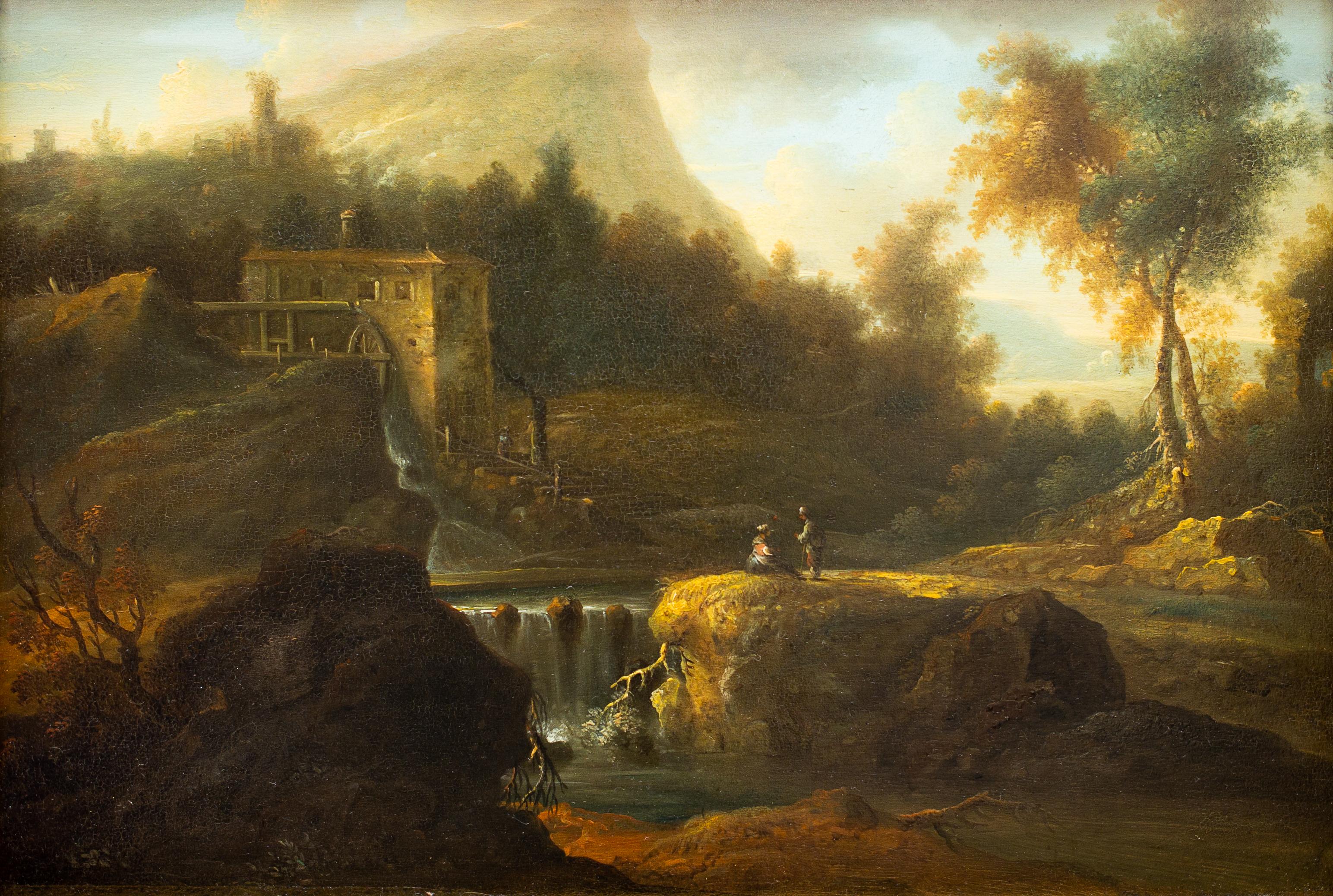 Italian Landscape With Figures at a Waterfall by a Follower of Jan van Huysum