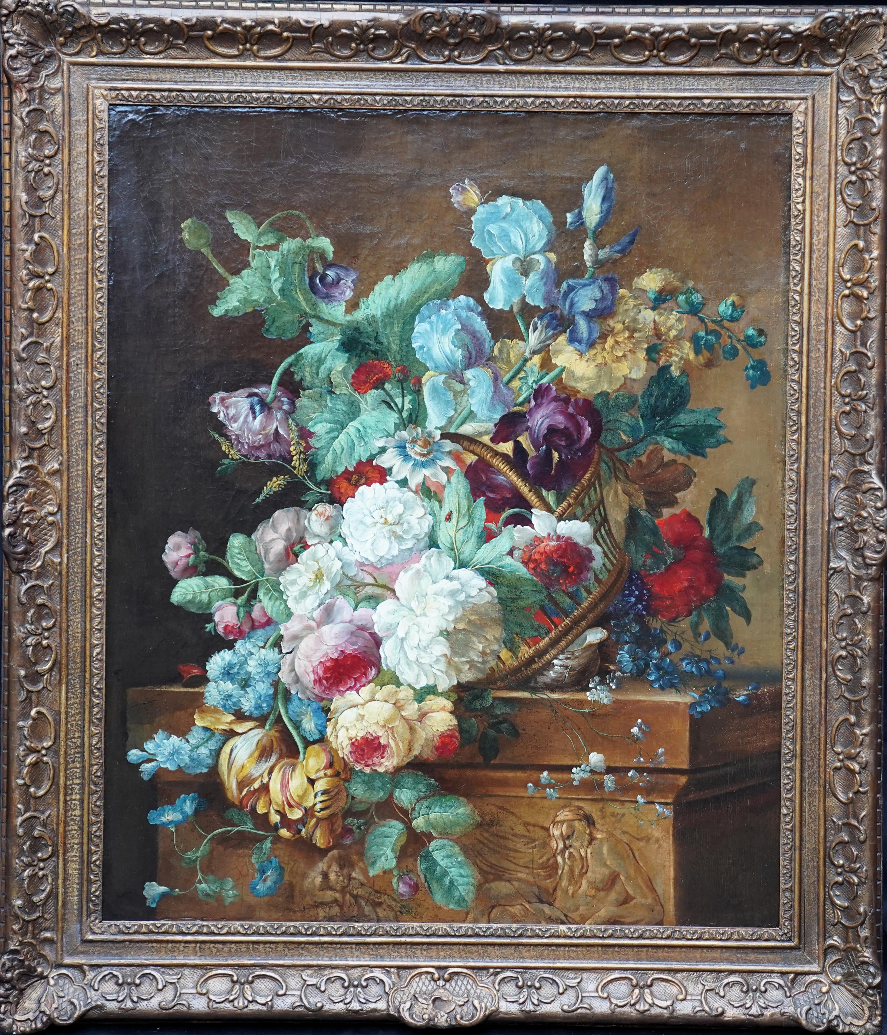 Still Life of Flowers in a Basket - Dutch 18thC Old Master floral oil painting 4