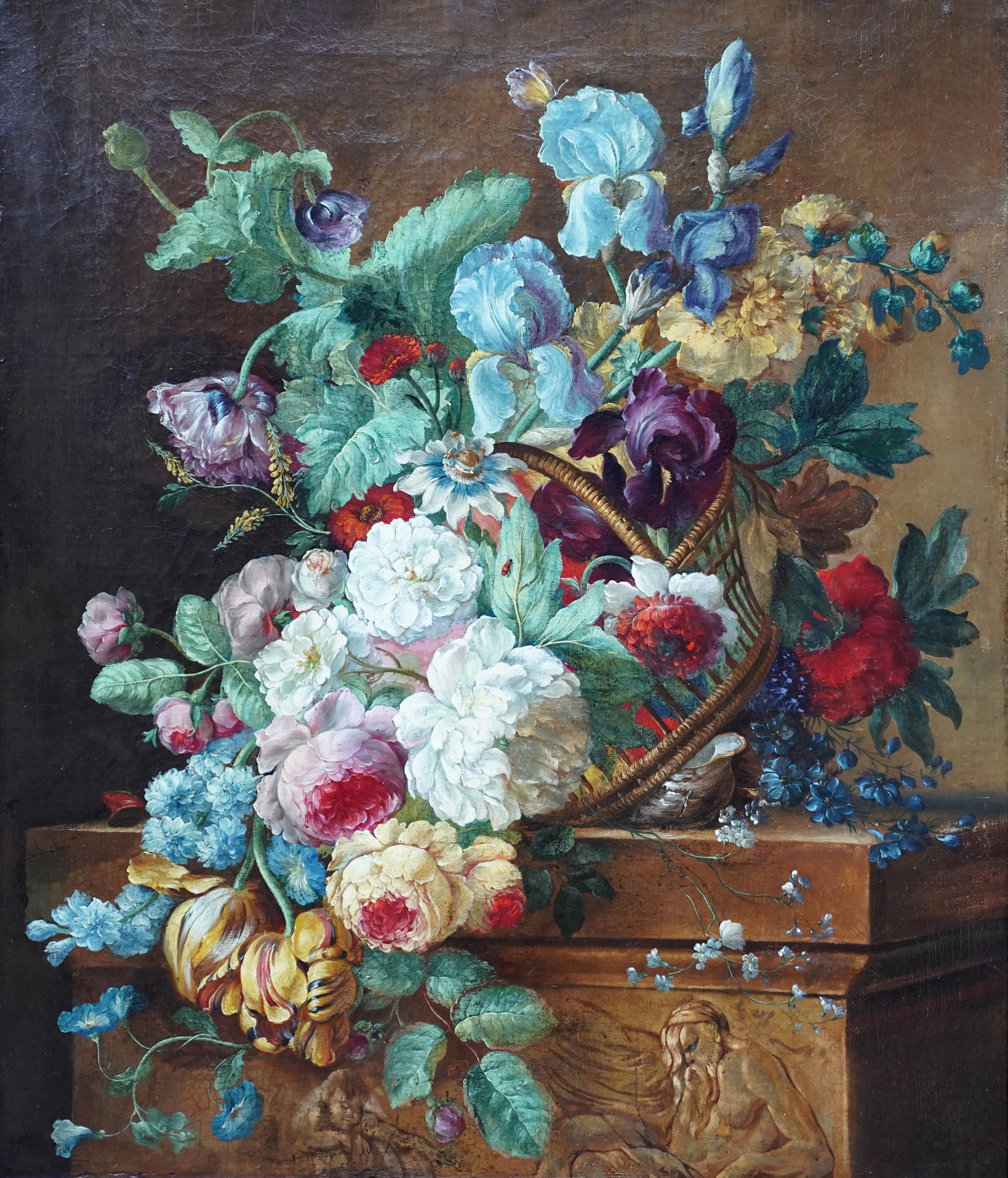 Still Life of Flowers in a Basket - Dutch 18thC Old Master floral oil painting - Painting by Jan Van Huysum