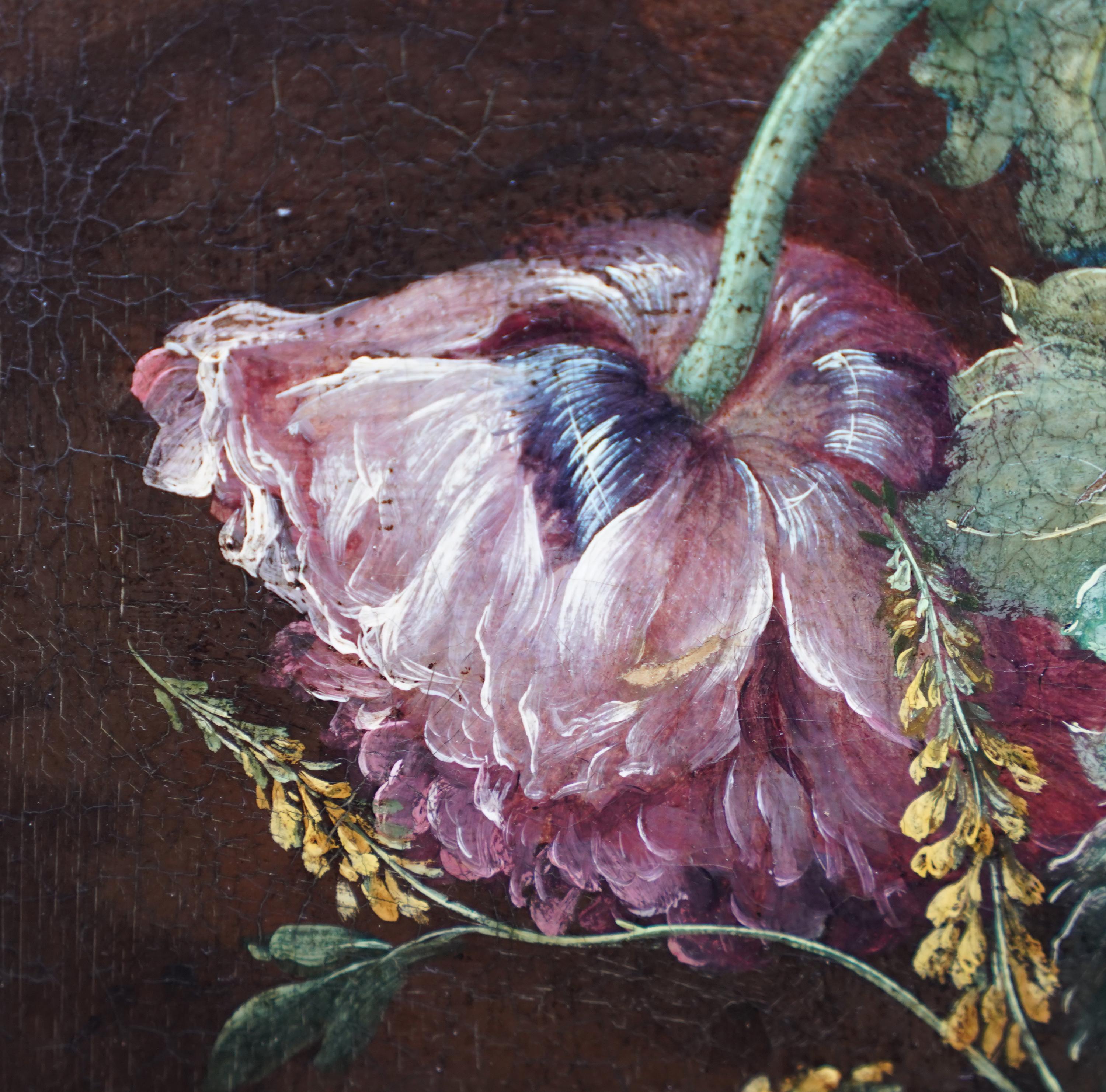 Still Life of Flowers in a Basket - Dutch 18thC Old Master floral oil painting - Old Masters Painting by Jan Van Huysum