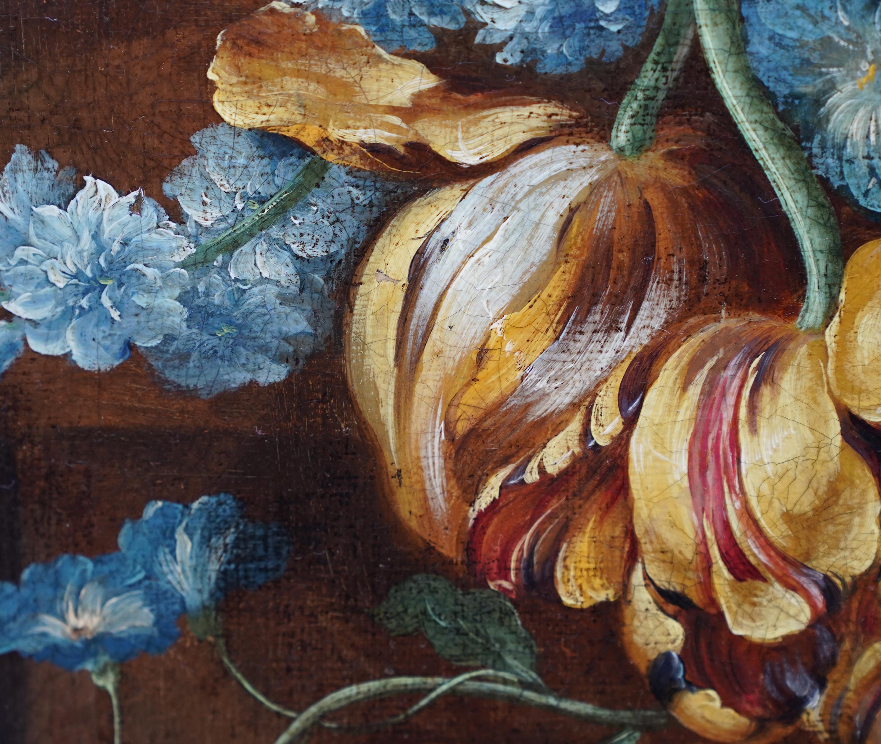 This wonderful Dutch Old Master floral arrangement is attributed to circle of Jan Van Huysum. Painted circa 1760 it is a stunning selection of flowers including blue iris, poppies, peonies, passion flower and hollyhock. The flowers are arranged in a