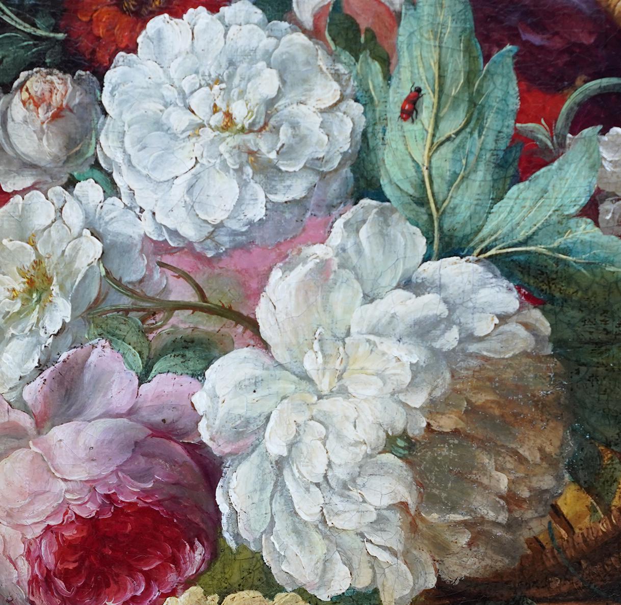 Still Life of Flowers in a Basket - Dutch 18thC Old Master floral oil painting 1
