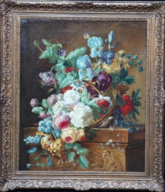 Still Life of Flowers in a Basket - Dutch 18thC Old Master floral oil painting