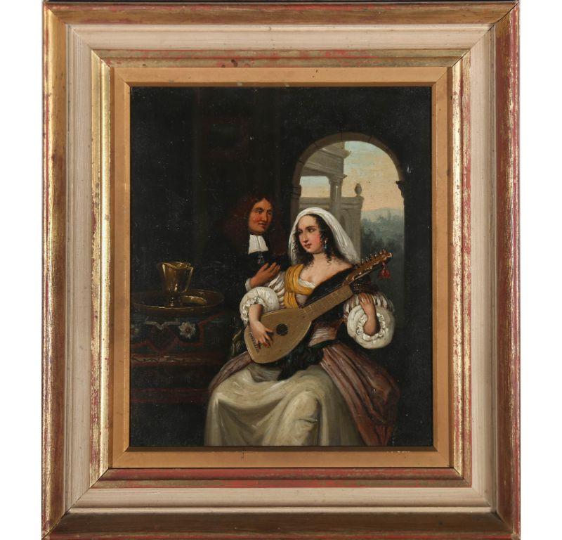 A charming 19th Century oil on tin, after the original painting, "Portrait of Francois de le Boë Sylvius and his Wife" from 1672 by the Dutch painter, Jan van Mieris (1660-1690). The scene shows the husband teaching his wife to play a lute in a