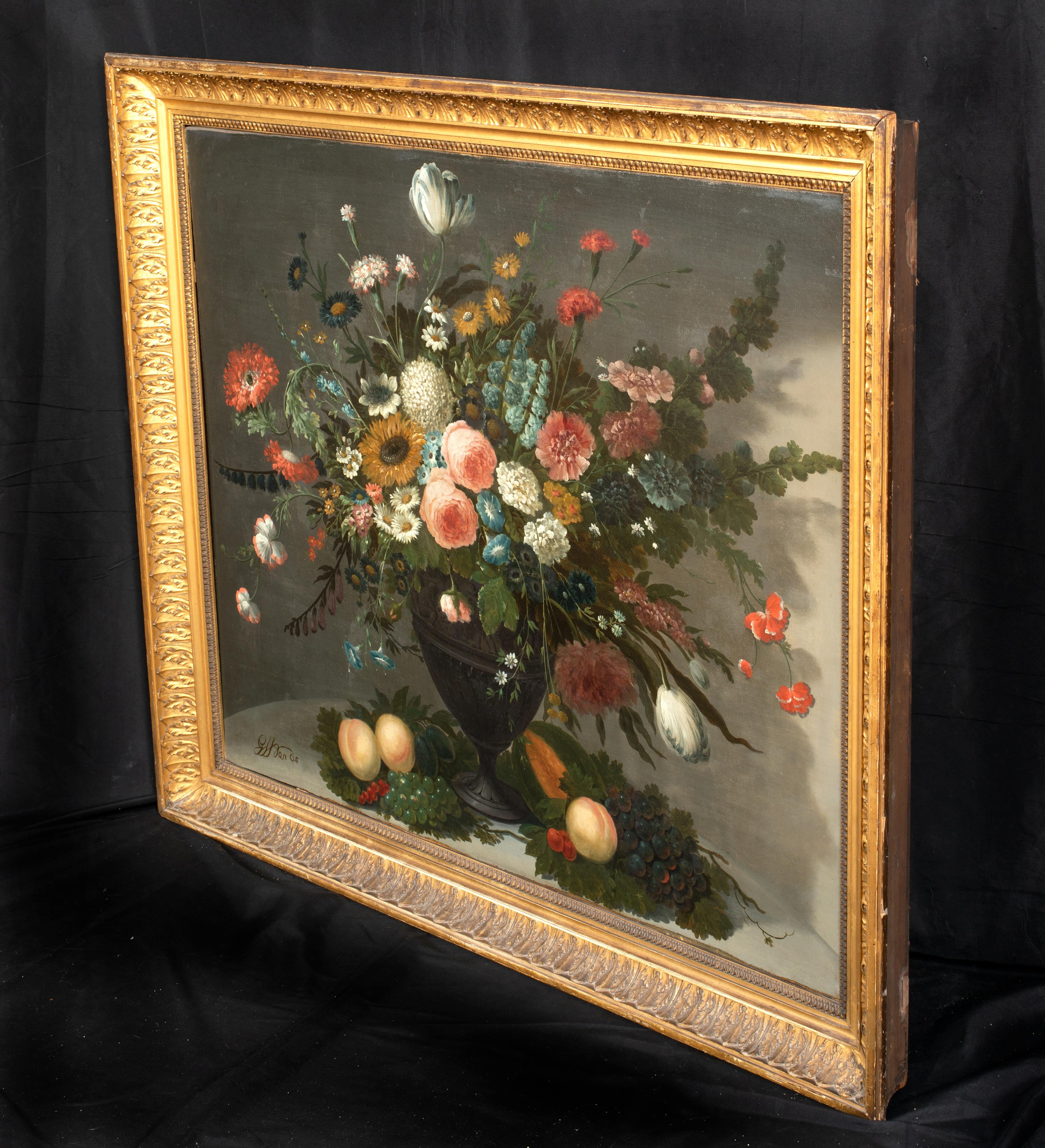Stillleben mit Blumen in einer Glasvase, darunter Rosen Chrysanthemen, Rosen  – Painting von Unknown