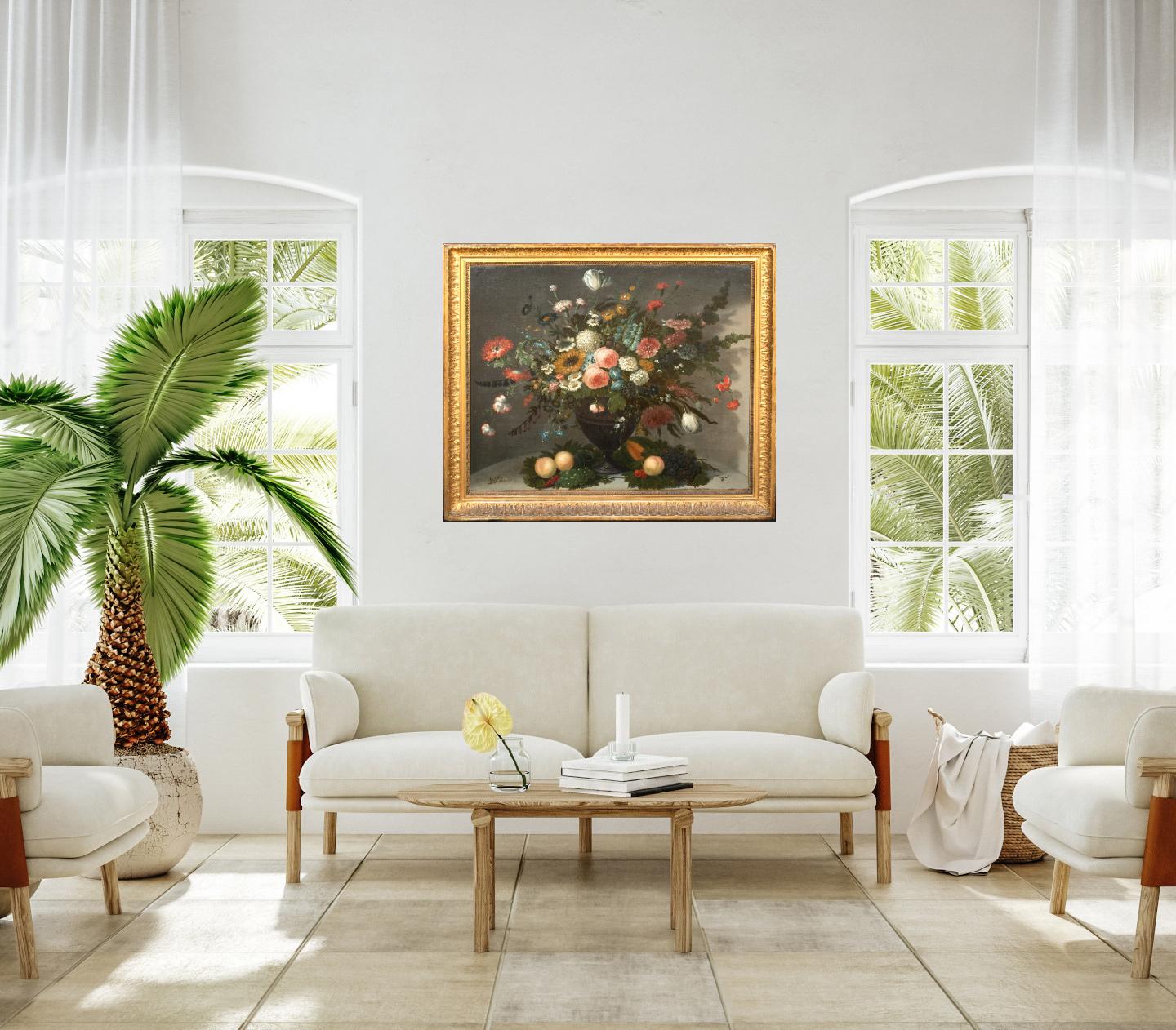Stillleben mit Blumen in einer Glasvase, darunter Rosen Chrysanthemen, Rosen  (Schwarz), Still-Life Painting, von Unknown