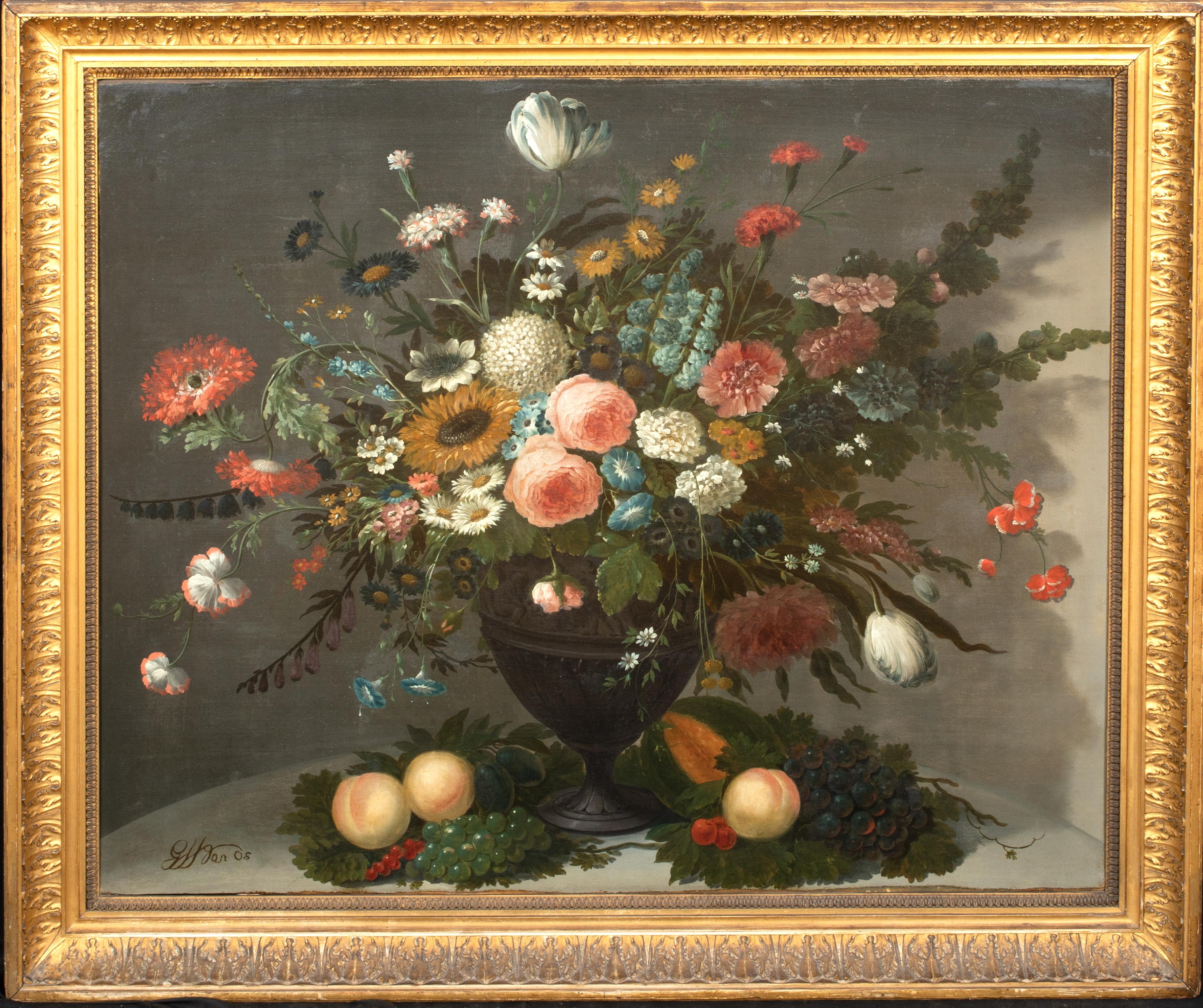 Blumenstillleben in einer Glasvase mit Rosen, Chrysanthemen und Rosen 17 

Großes holländisches Stillleben alter Meister aus dem 18. Jahrhundert mit verschiedenen Blumen in einer Vase, Öl auf Leinwand. Prächtige Studie verschiedener Blumen, darunter