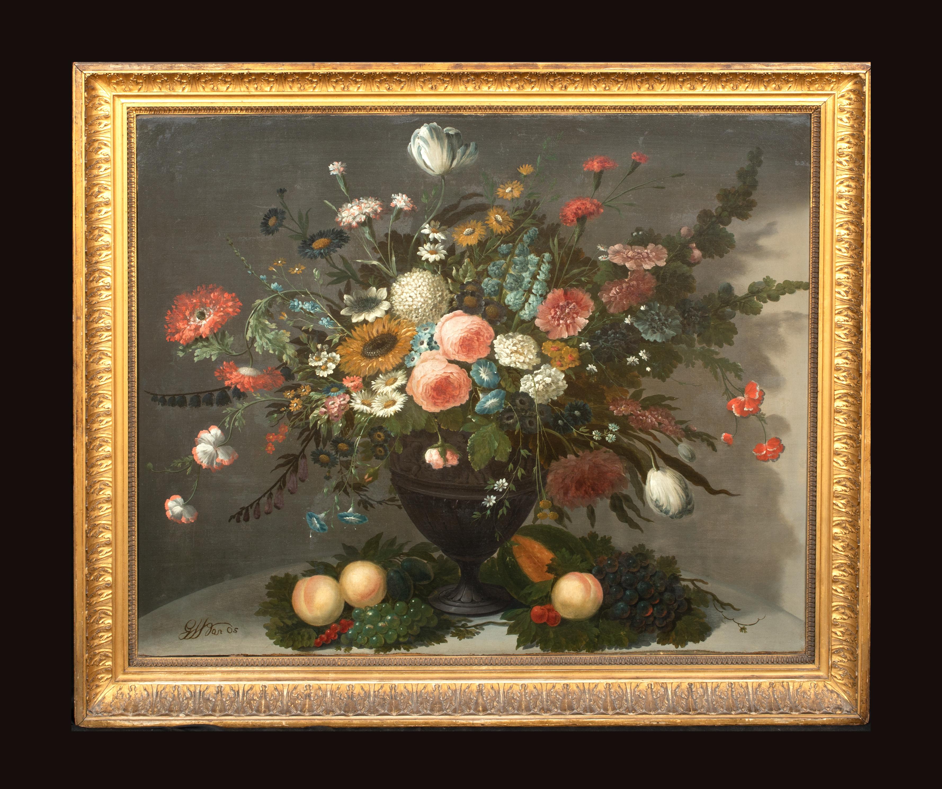 Stillleben mit Blumen in einer Glasvase, darunter Rosen Chrysanthemen, Rosen  im Angebot 1