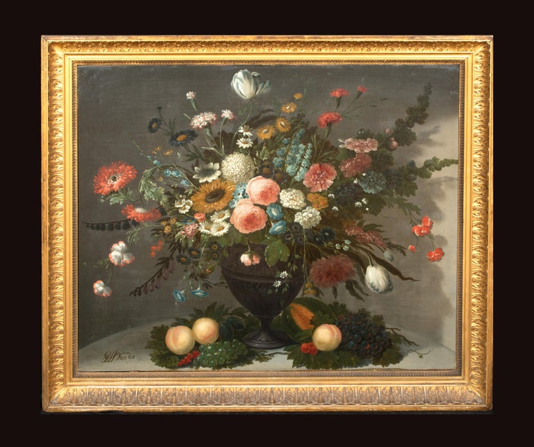 Still Life Of Flowers in a Glass Vase including, Roses Chrysanthemums, Pinks  For Sale 1