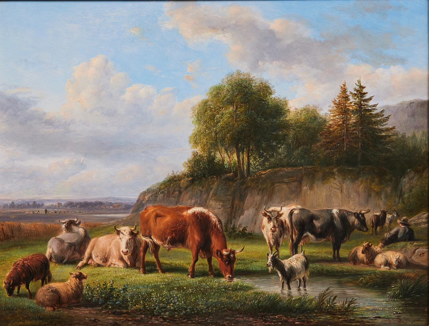 19th century dutch romantic painting - Cows, sheep and goats in their field  - Old Masters Painting by Ravenswaay, Jan van