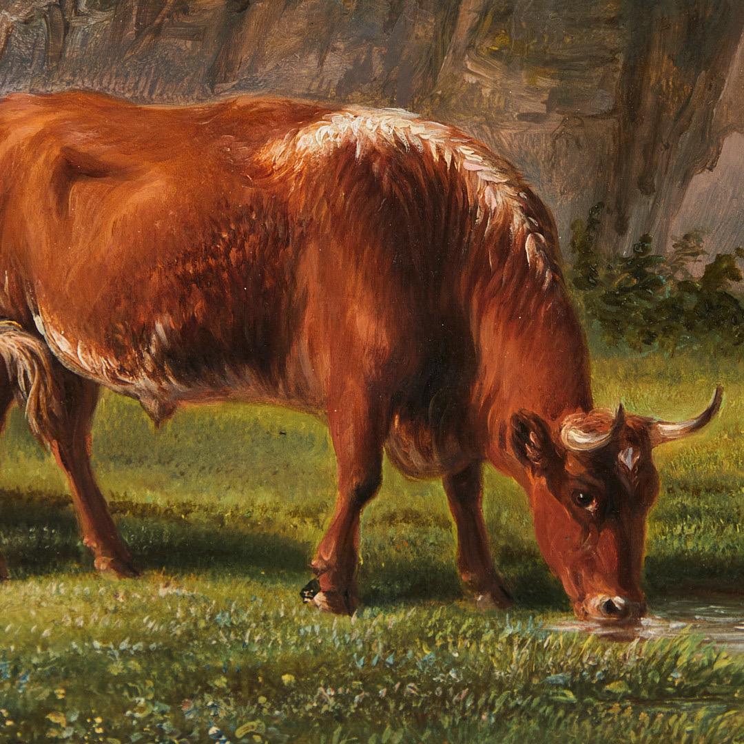 Niederländisches romantisches Gemälde aus dem 19. Jahrhundert von Jan Van Ravenswaay, das Tiere beim Ausruhen auf ihrer Weide zeigt

Jan van Ravenswaay war ein bedeutender niederländischer Maler des 19. Jahrhunderts, der für seine Beiträge zur