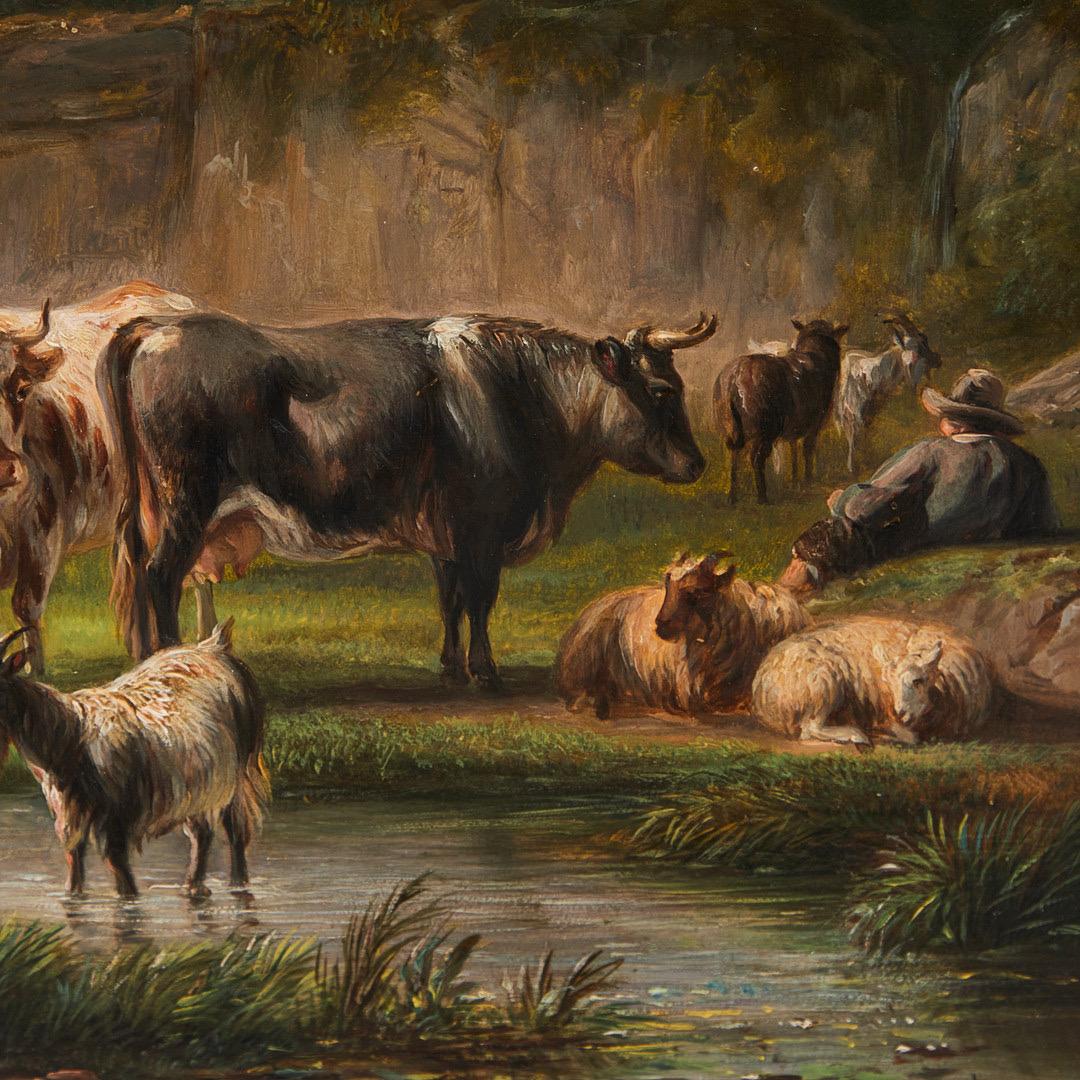 Niederländische romantische Malerei des 19. Jahrhunderts - Kühe, Schafe und Ziegen auf der Weide  im Angebot 1