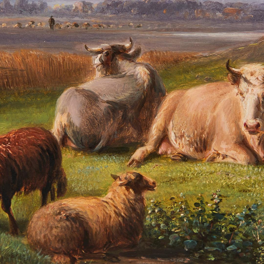 19th century dutch romantic painting - Cows, sheep and goats in their field  2