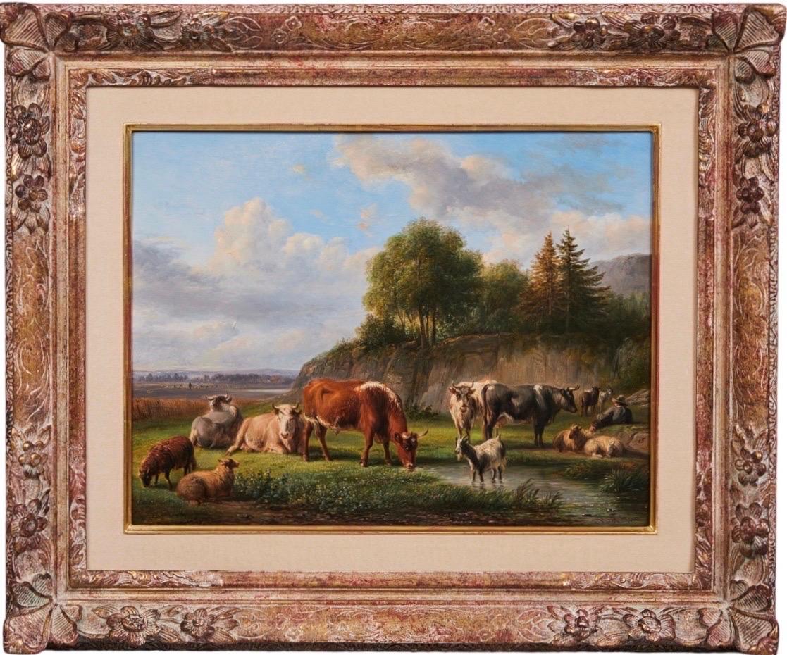 Ravenswaay, Jan van Animal Painting - 19th century dutch romantic painting - Cows, sheep and goats in their field 