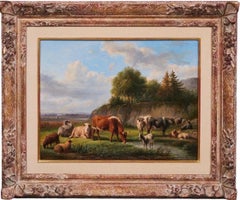 Peinture romantique hollandaise du 19e siècle - Vaches, moutons et chèvres dans leur champ 