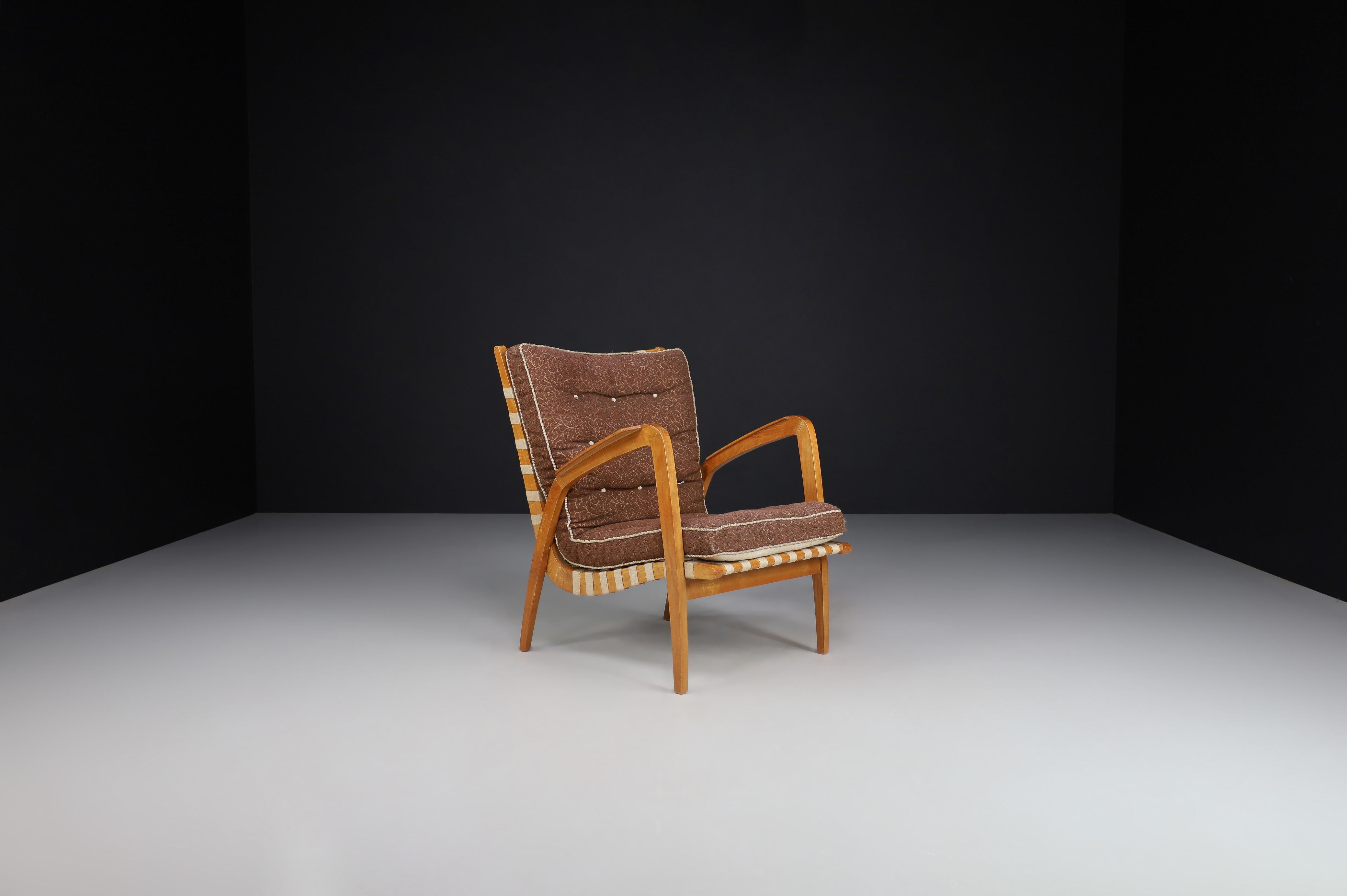Jan Vanek, Sedia Facile Curva in Oak e cinghie di tela intrecciata, Praque anni '30 in vendita 2