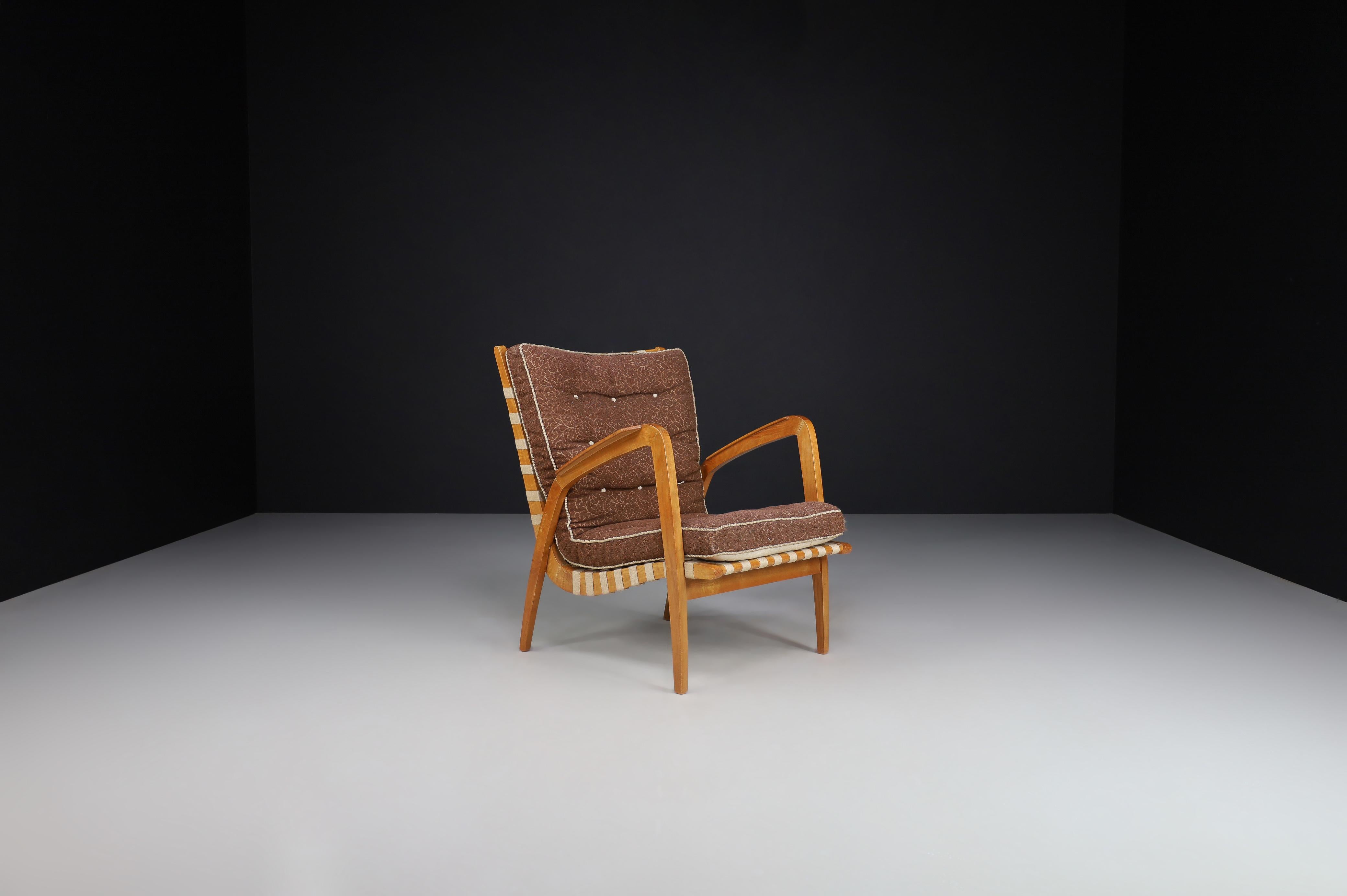 Fauteuil incurvé Jan Vanek en chêne et sangles en toile tissée, Praque 1930 en vente 2