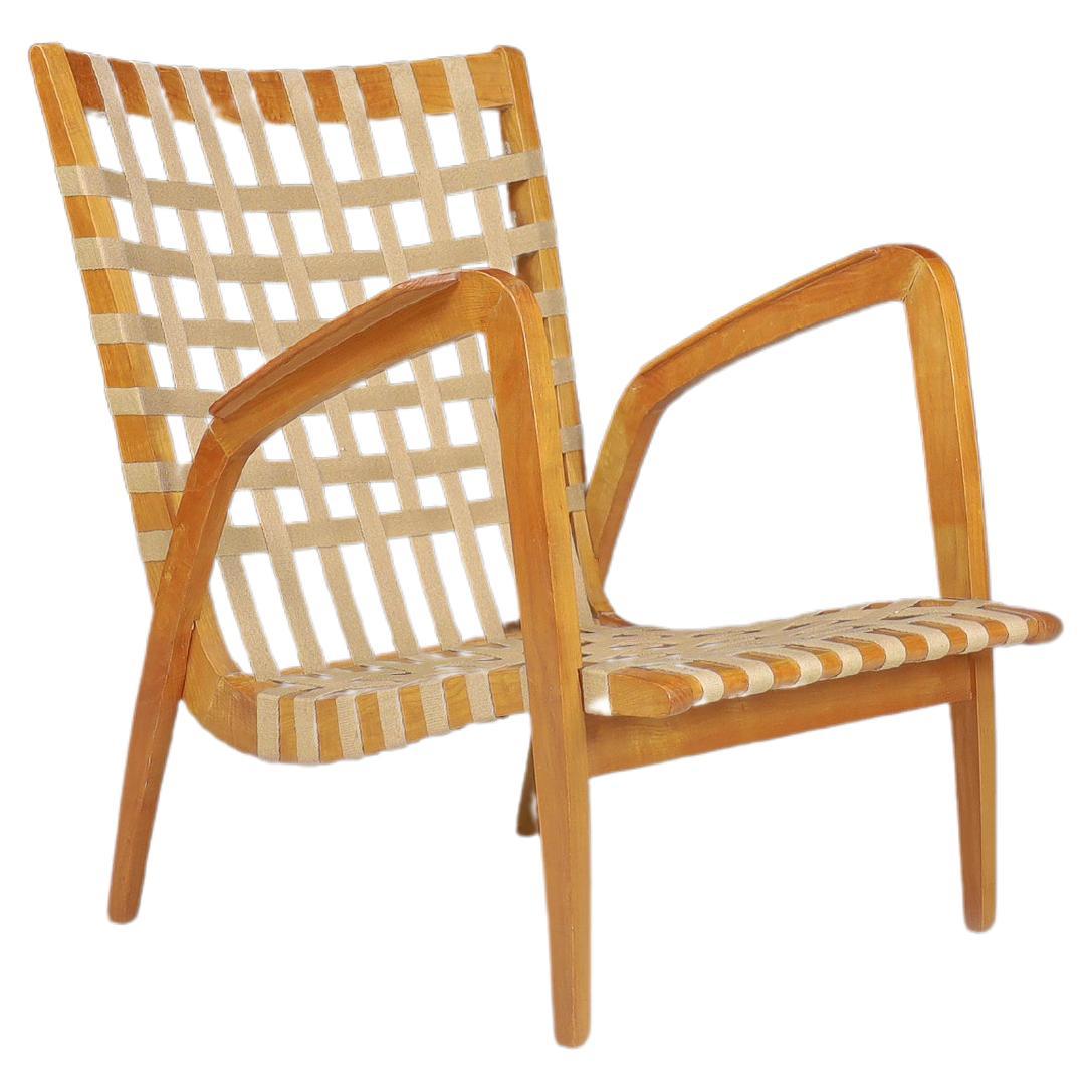 Jan Vanek Curved Easy Chair in Oak and Woven Canvas Straps, Praque 1930s For Sale