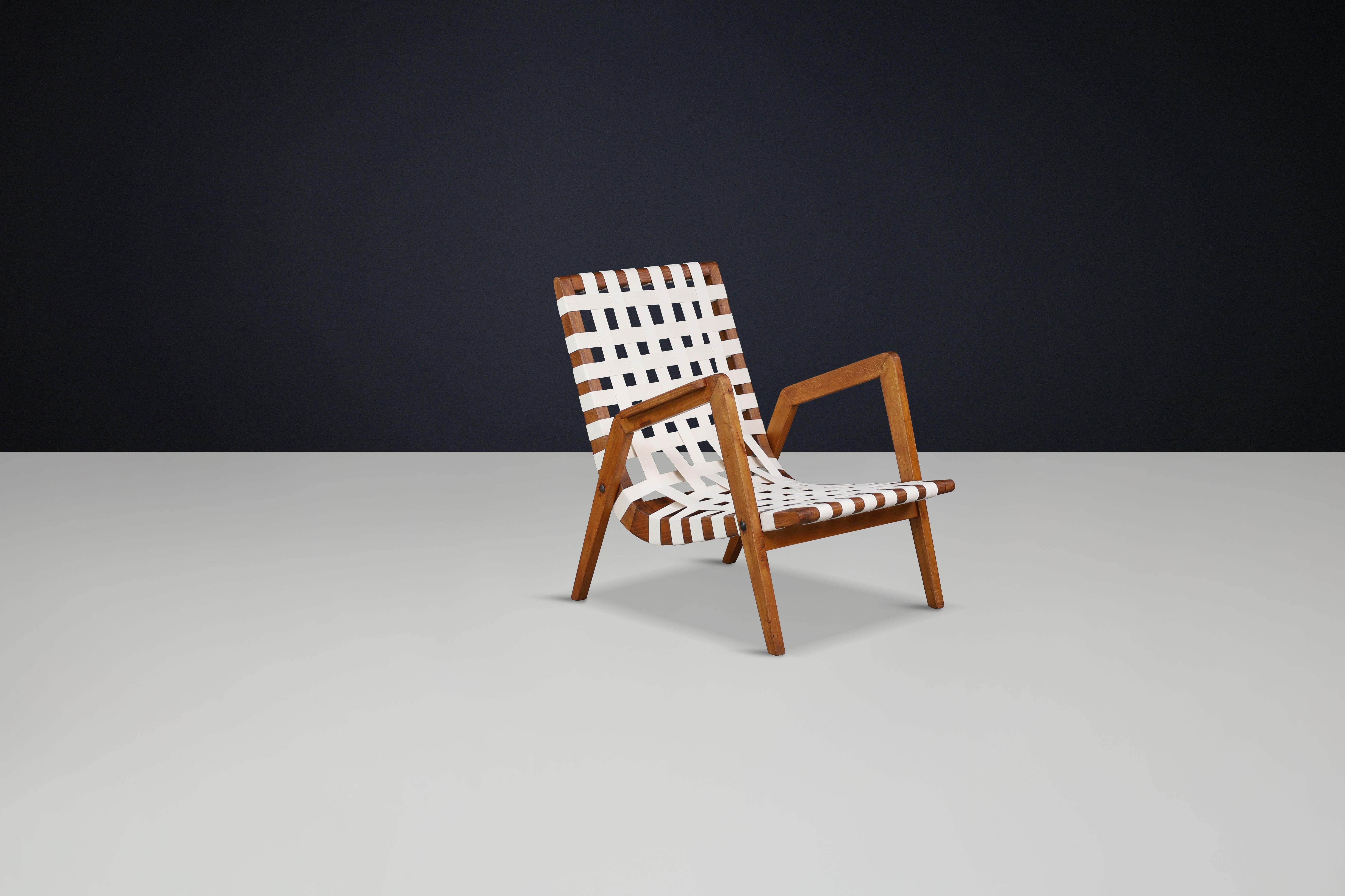 Mid-Century Modern Jan Vaněk Easy Chair in Oak and Canvas, Czechoslovakia, 1930s For Sale