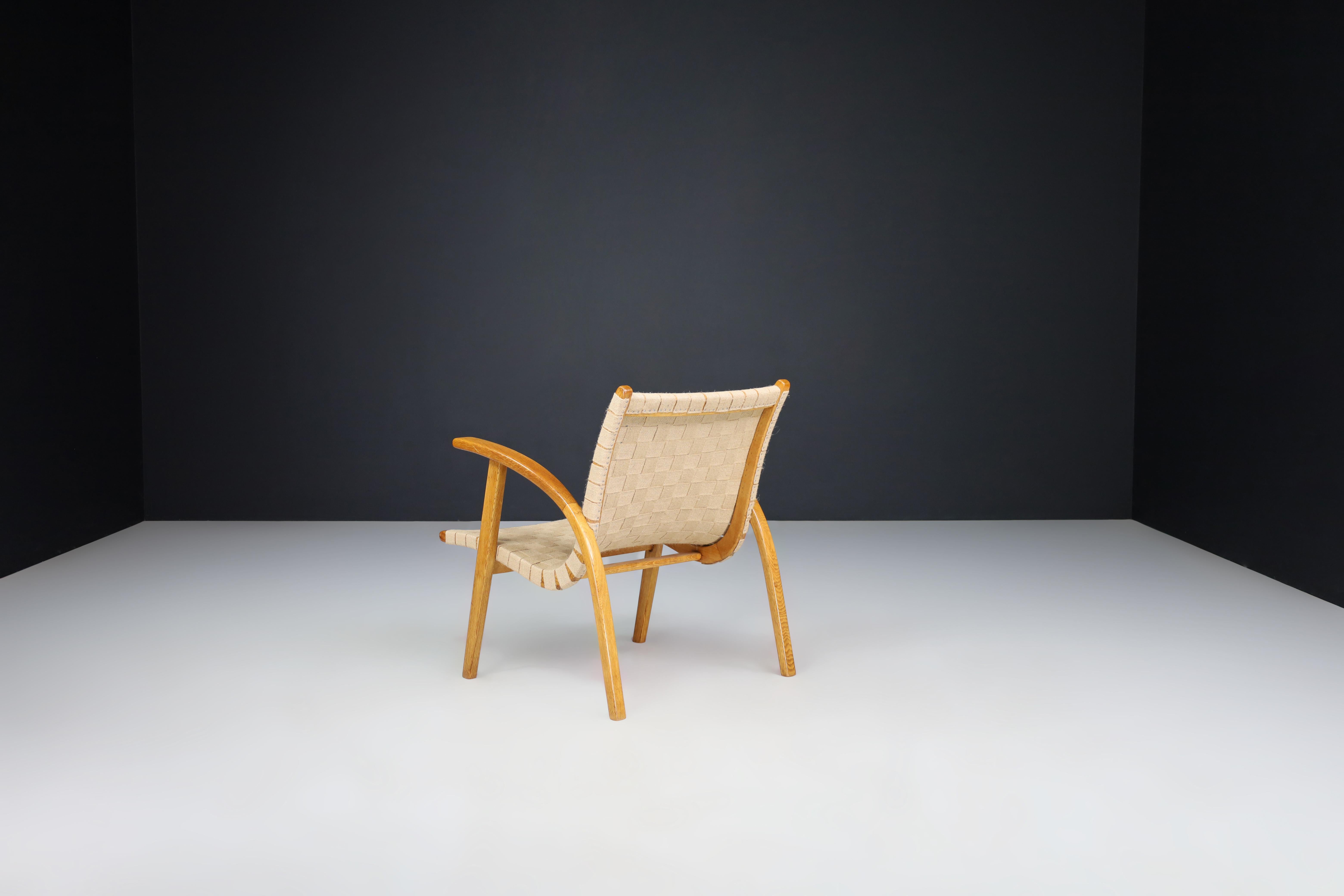 20th Century Jan Vanek Easy Chair in Oak Bentwood and Canvas, Praque, the 1930s For Sale