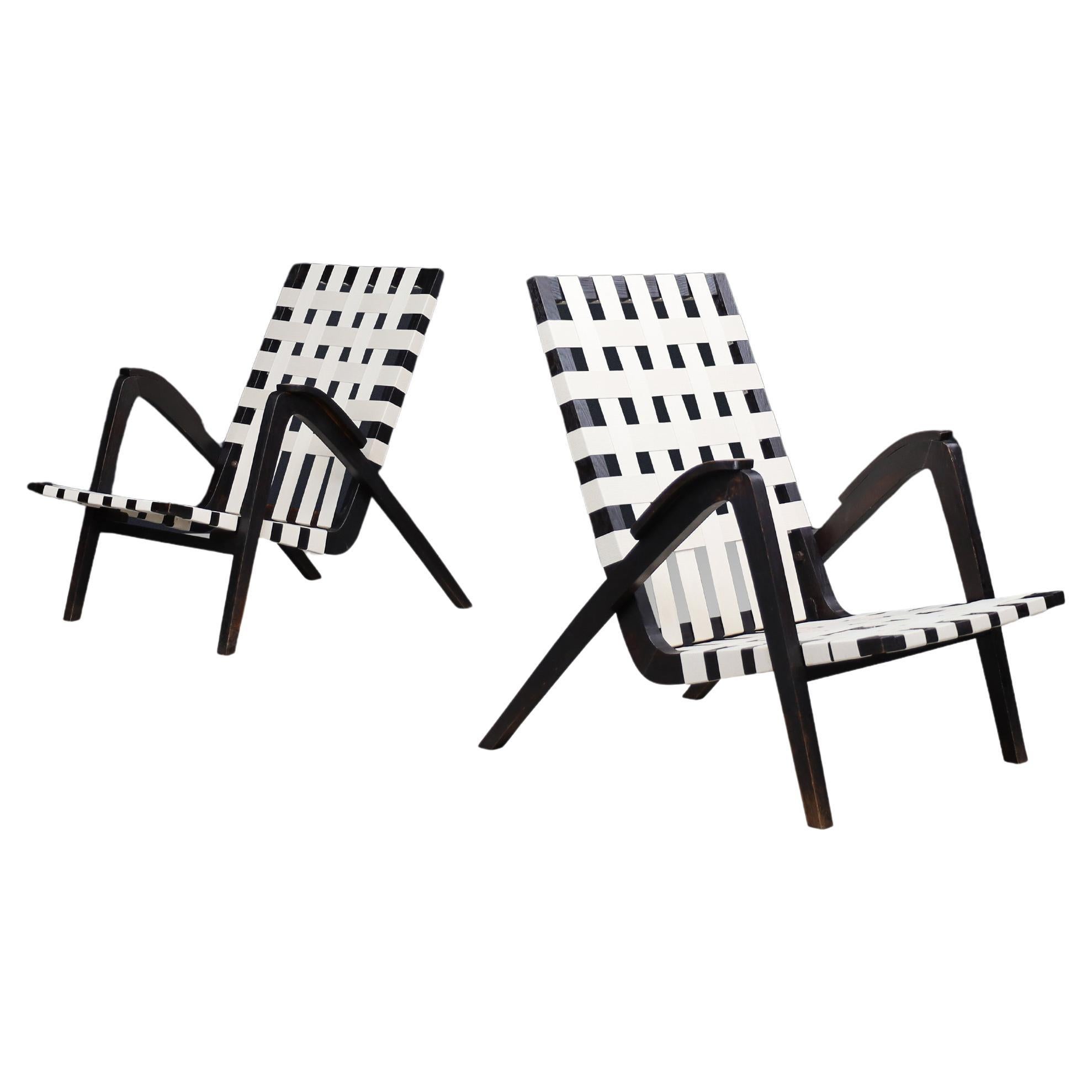Jan Vaněk for Krásná Jizba lounge chairs from oak and canvas Czech Republic 1940