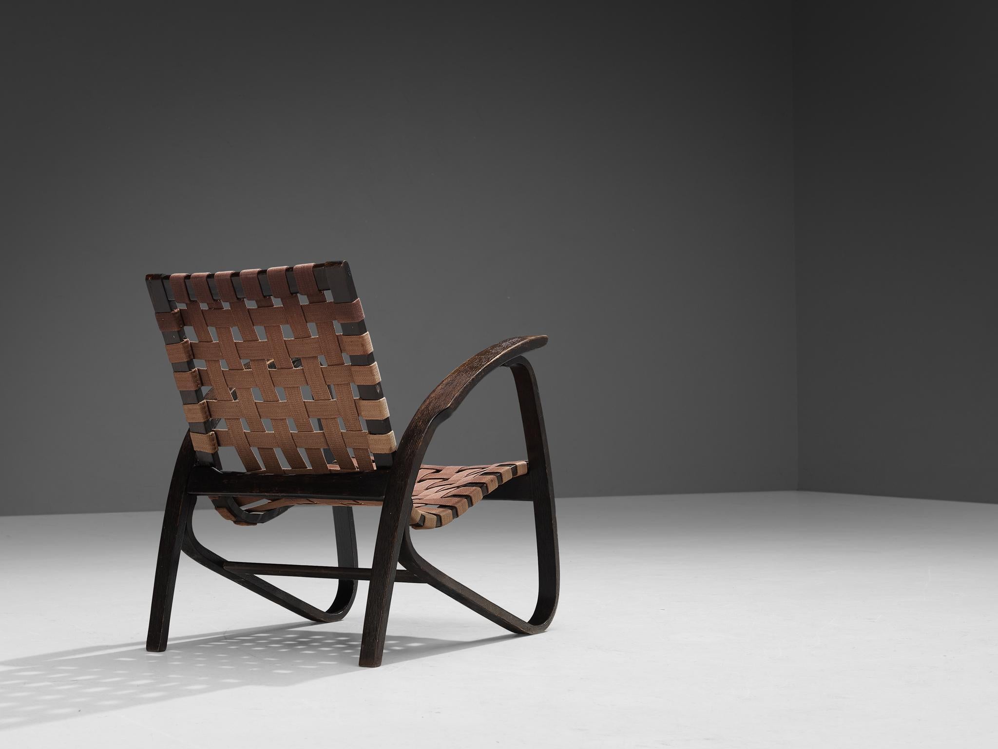 Mid-Century Modern Jan Vaněk Lounge Chair in Dark Stained Wood and Original Canvas Webbing 